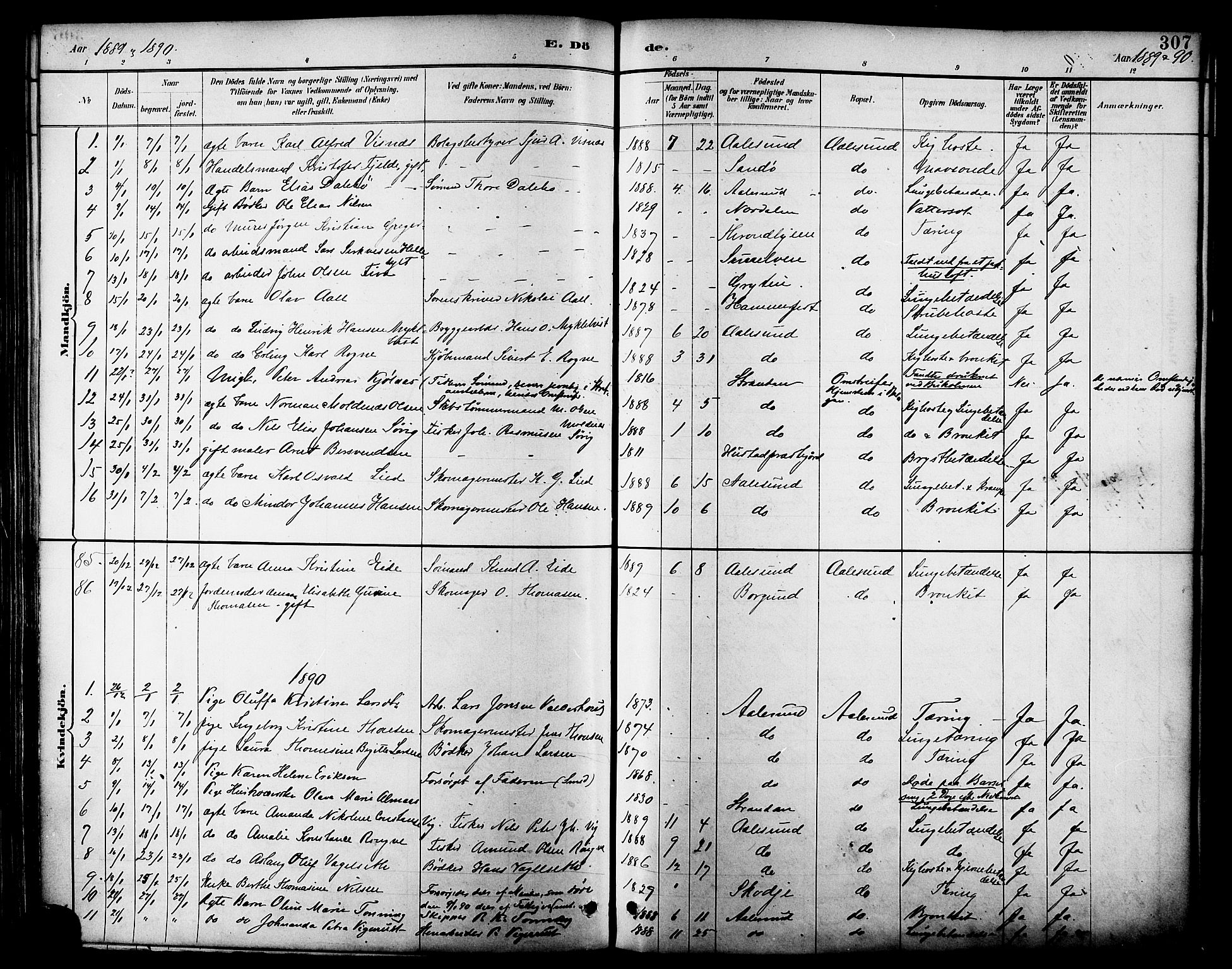 Ministerialprotokoller, klokkerbøker og fødselsregistre - Møre og Romsdal, SAT/A-1454/529/L0455: Parish register (official) no. 529A05, 1885-1893, p. 307