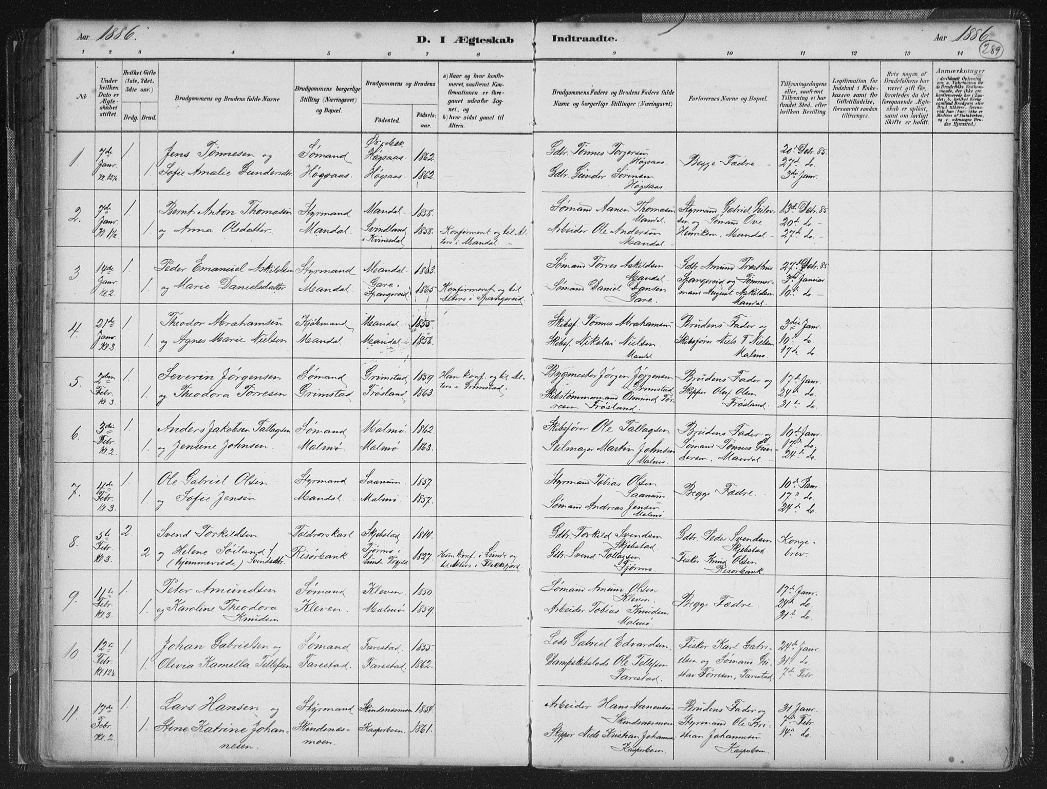 Mandal sokneprestkontor, AV/SAK-1111-0030/F/Fb/Fba/L0011: Parish register (copy) no. B 5, 1880-1898, p. 289