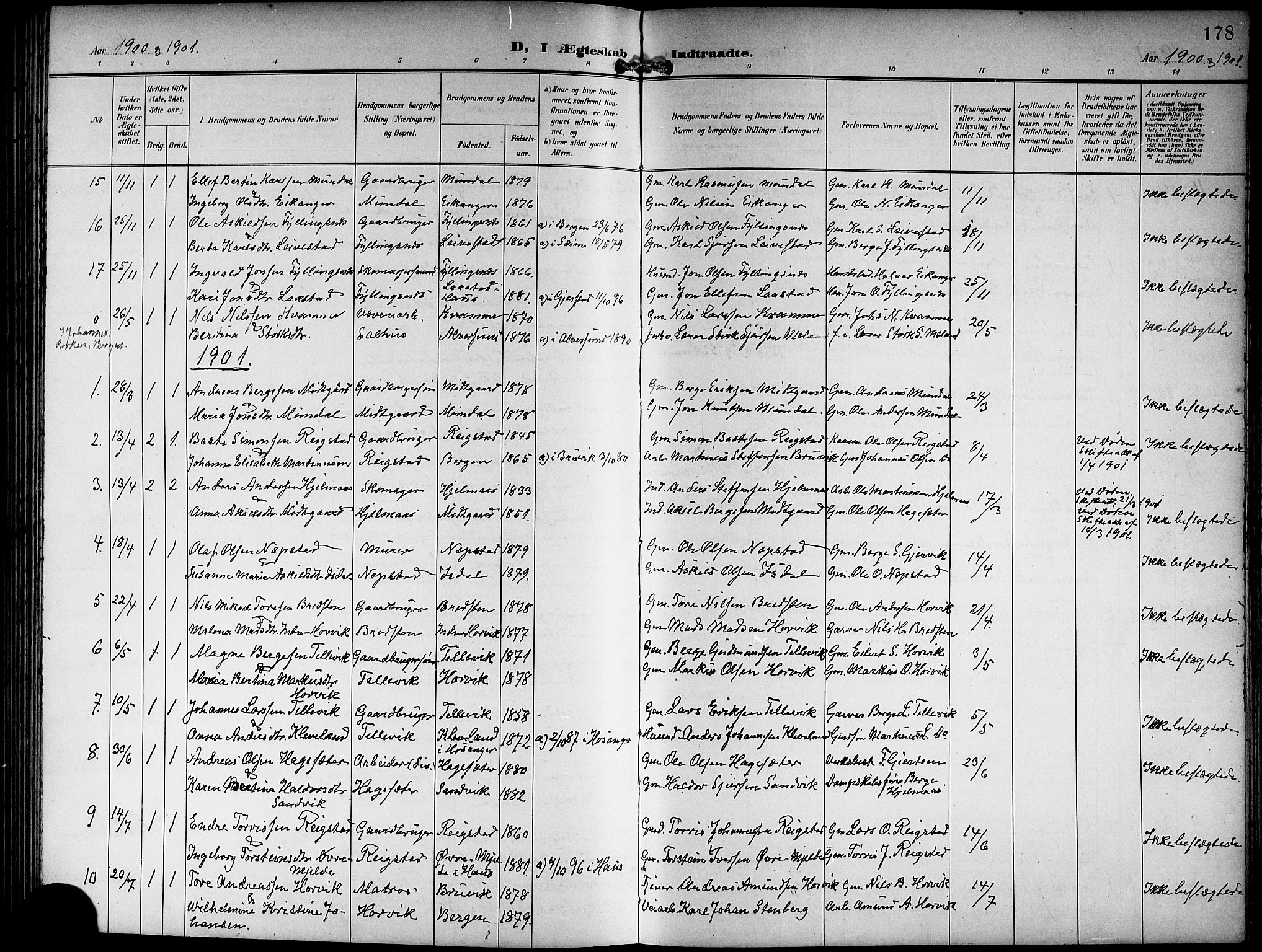 Hamre sokneprestembete, SAB/A-75501/H/Ha/Hab: Parish register (copy) no. B 4, 1898-1919, p. 178
