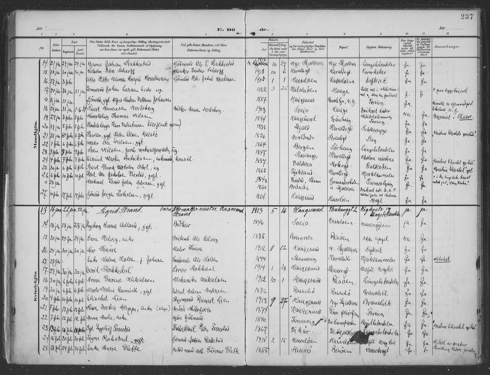 Haugesund sokneprestkontor, AV/SAST-A -101863/H/Ha/Haa/L0007: Parish register (official) no. A 7, 1904-1916, p. 237