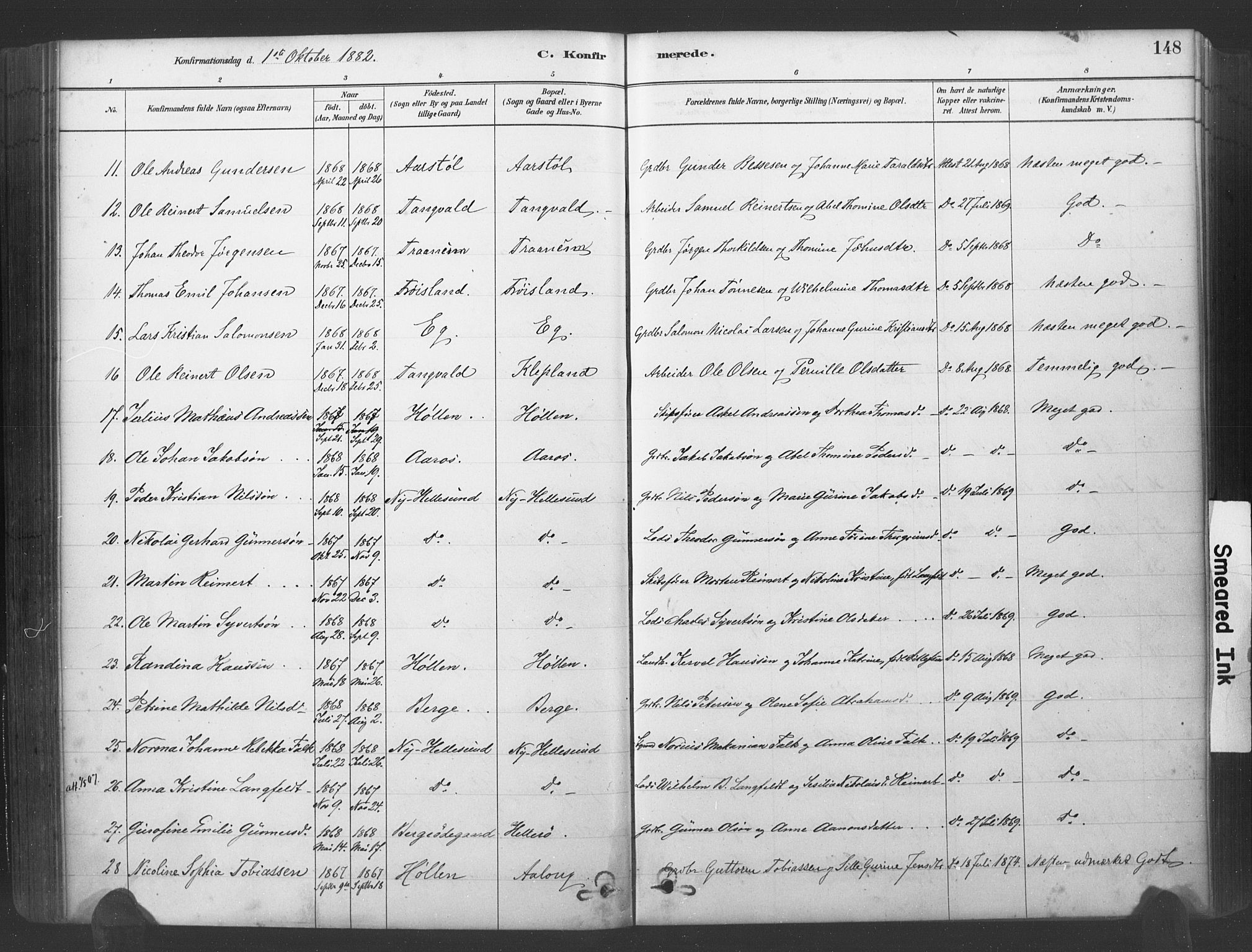 Søgne sokneprestkontor, SAK/1111-0037/F/Fa/Fab/L0012: Parish register (official) no. A 12, 1880-1891, p. 148