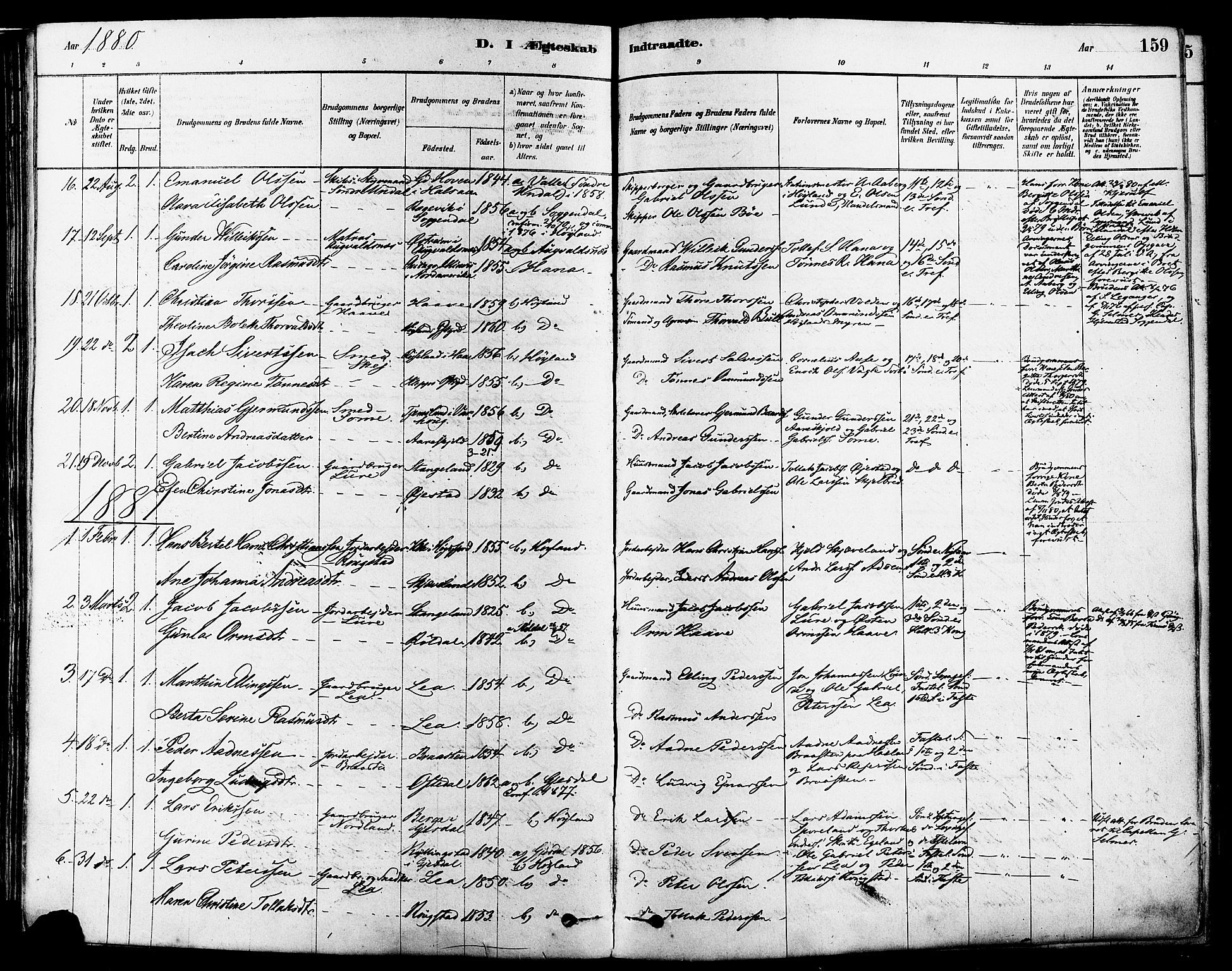 Høyland sokneprestkontor, SAST/A-101799/001/30BA/L0011: Parish register (official) no. A 10, 1878-1888, p. 159