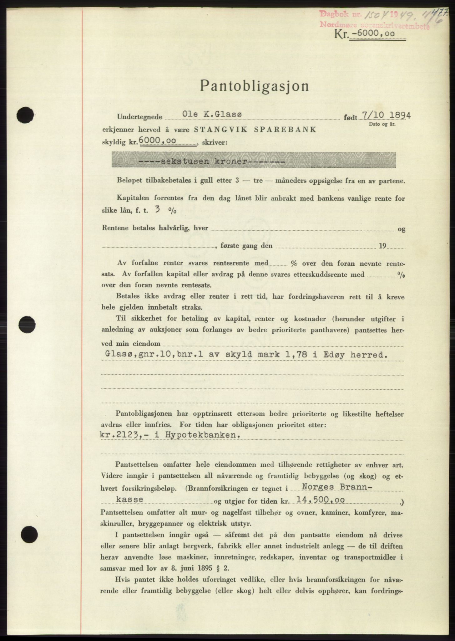 Nordmøre sorenskriveri, AV/SAT-A-4132/1/2/2Ca: Mortgage book no. B101, 1949-1949, Diary no: : 1504/1949