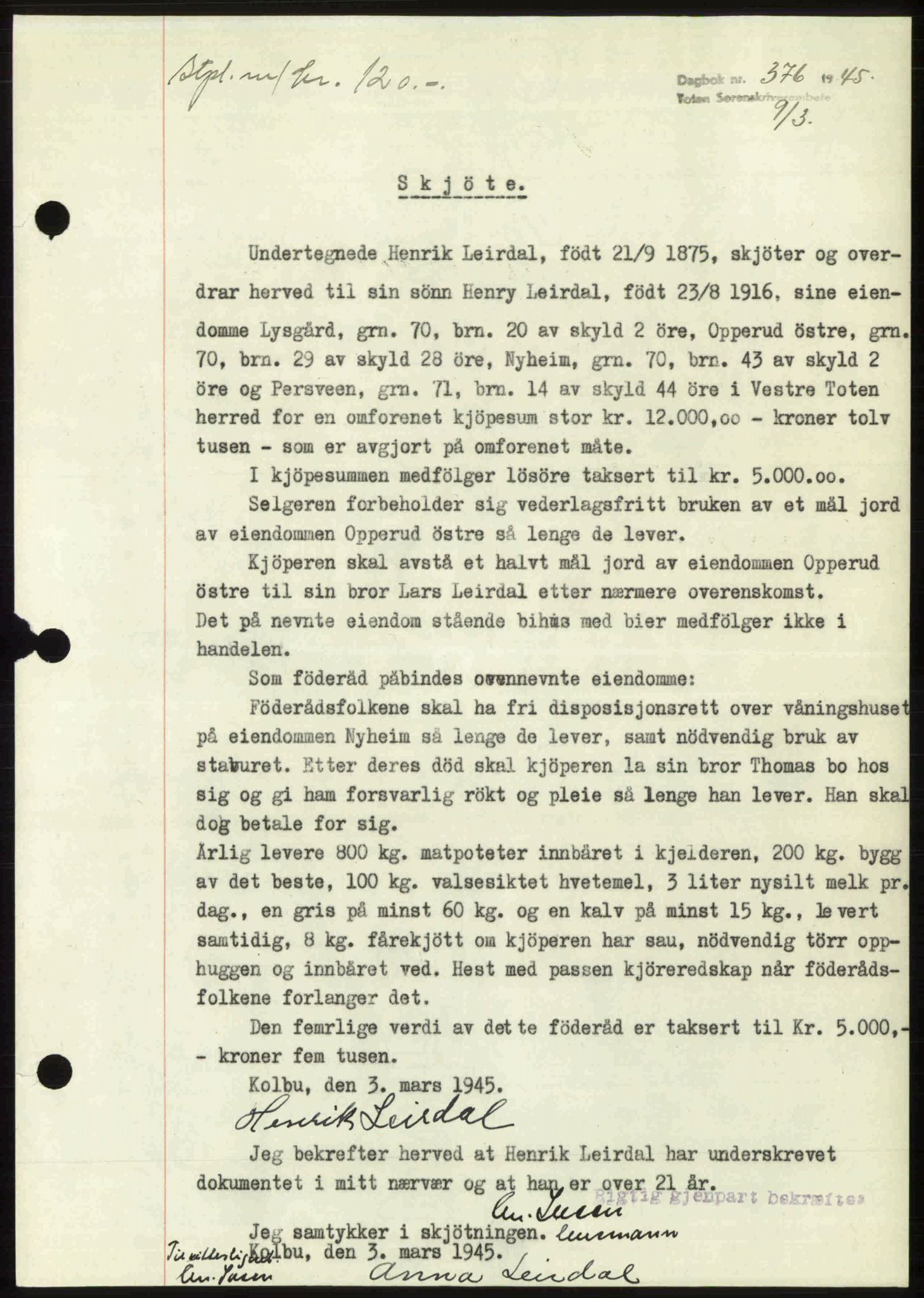 Toten tingrett, SAH/TING-006/H/Hb/Hbc/L0013: Mortgage book no. Hbc-13, 1945-1945, Diary no: : 376/1945