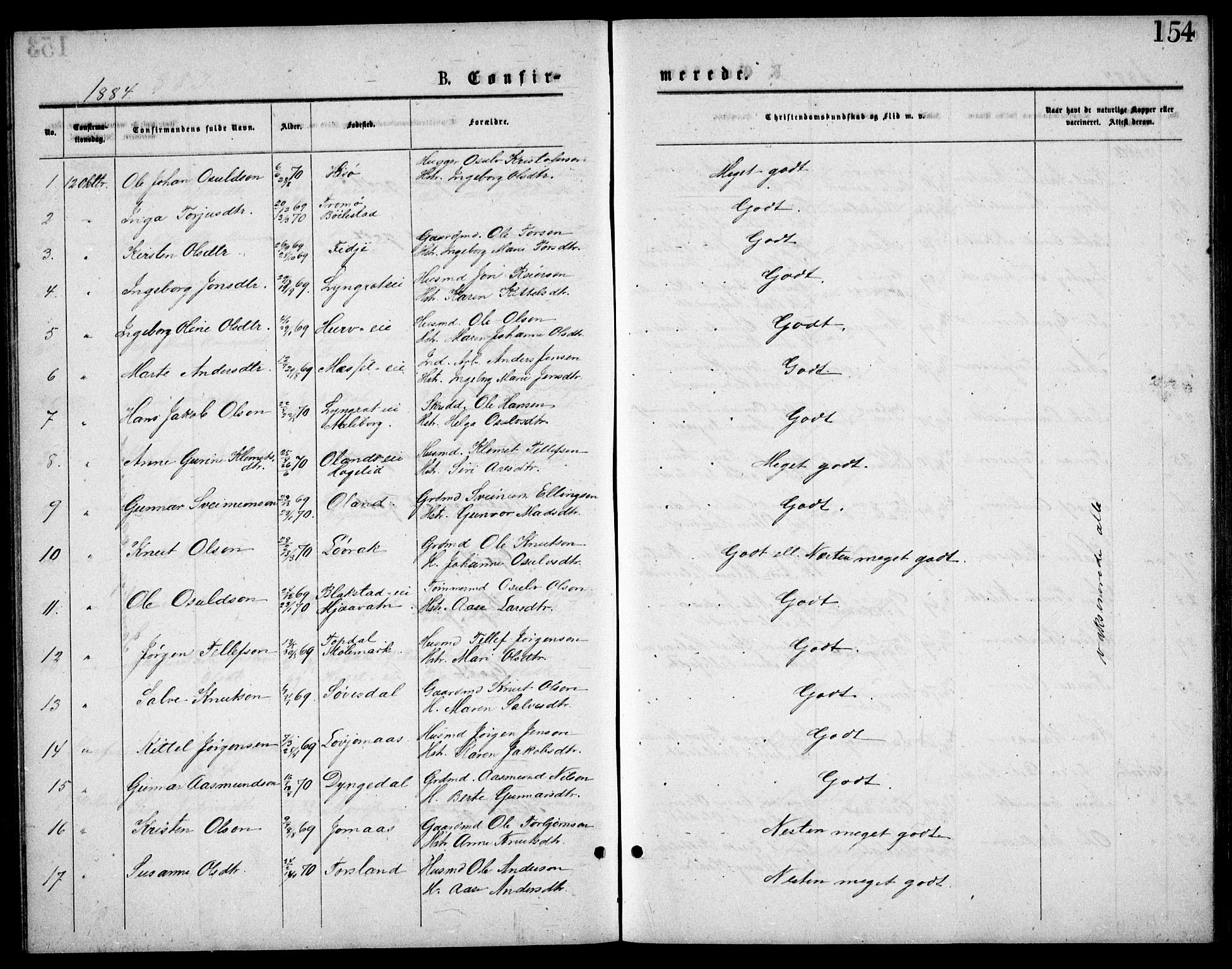 Froland sokneprestkontor, AV/SAK-1111-0013/F/Fb/L0009: Parish register (copy) no. B 9, 1875-1893, p. 154