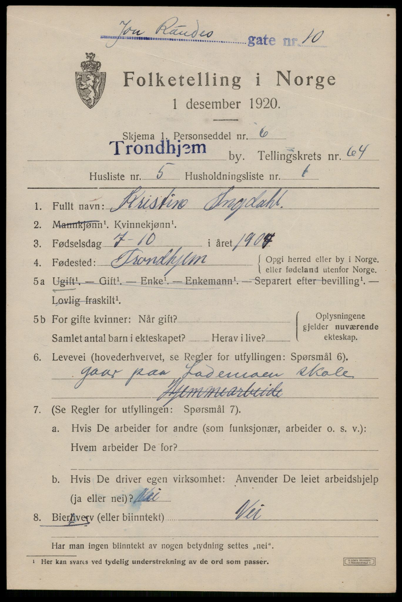 SAT, 1920 census for Trondheim, 1920, p. 127600