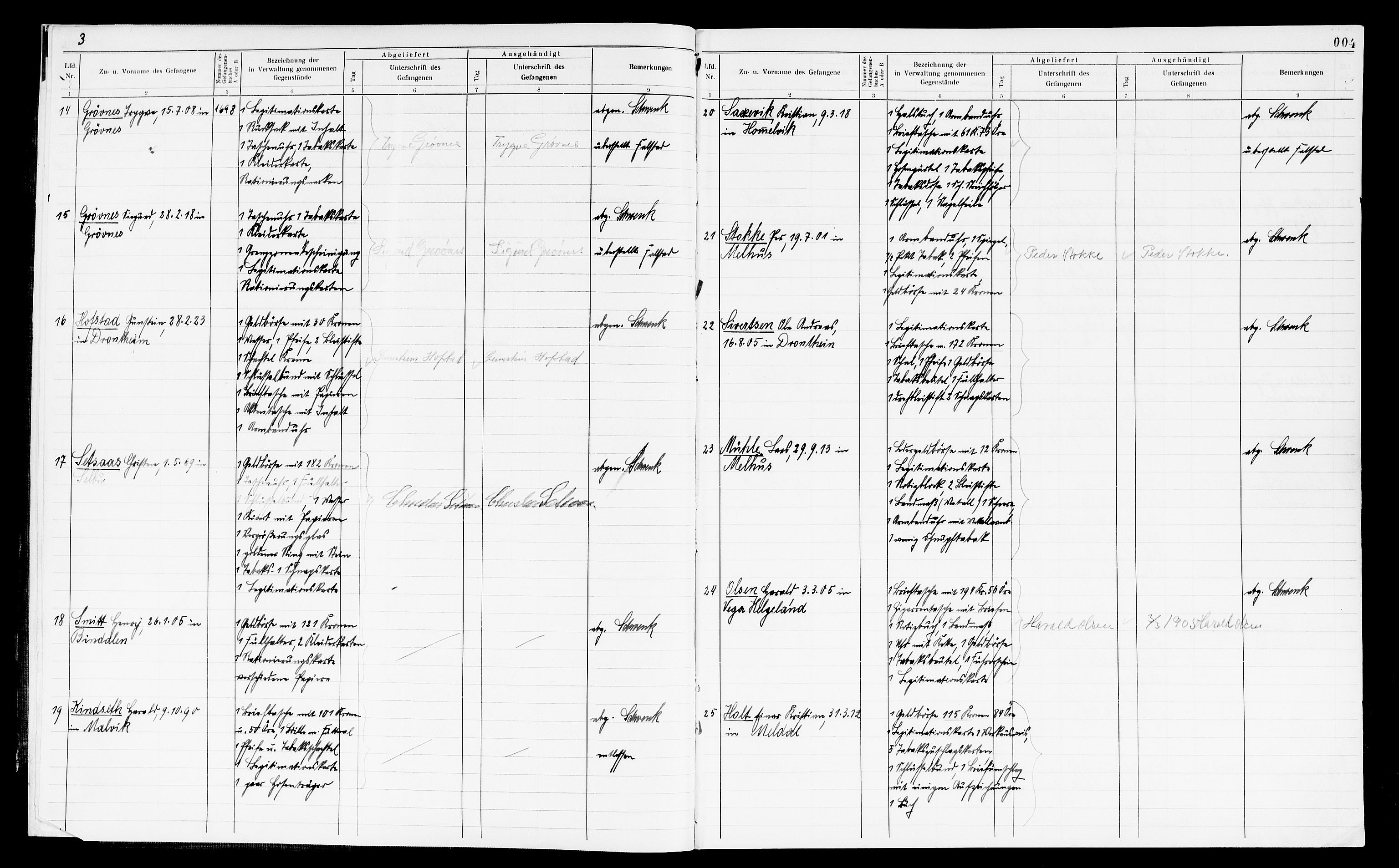 Befehlshaber der Sicherheitspolizei und des SD, AV/RA-RAFA-5969/F/Fc/L0016: Vollan fengsel - Buch für abgenommene Sachen, 1943-1945