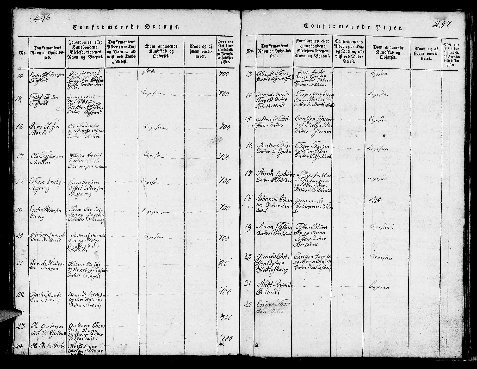 Strand sokneprestkontor, SAST/A-101828/H/Ha/Hab/L0002: Parish register (copy) no. B 2, 1816-1854, p. 496-497