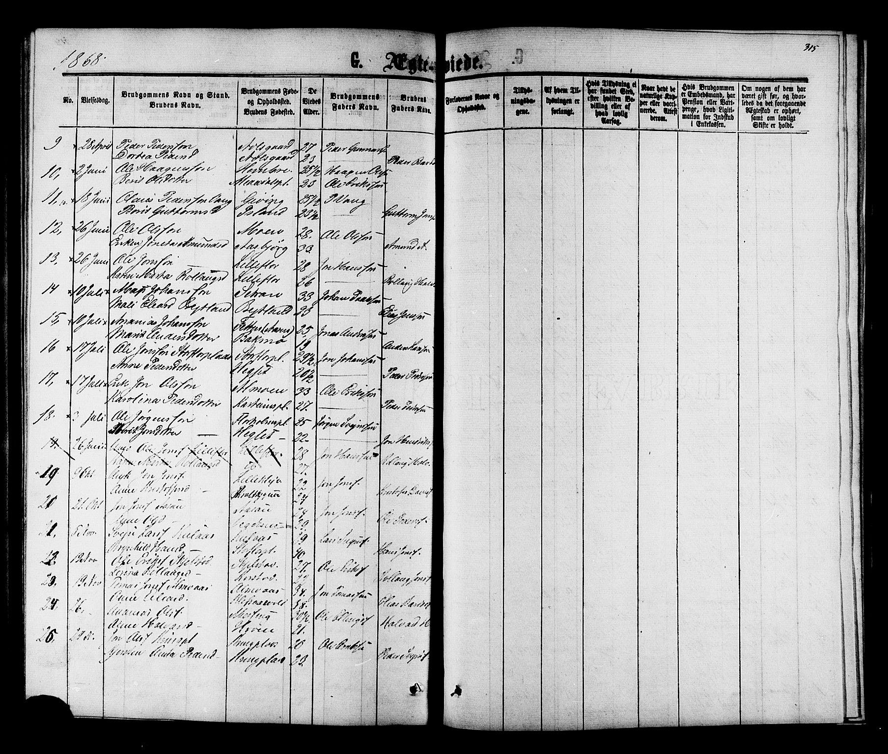 Ministerialprotokoller, klokkerbøker og fødselsregistre - Nord-Trøndelag, SAT/A-1458/703/L0038: Parish register (copy) no. 703C01, 1864-1870, p. 315
