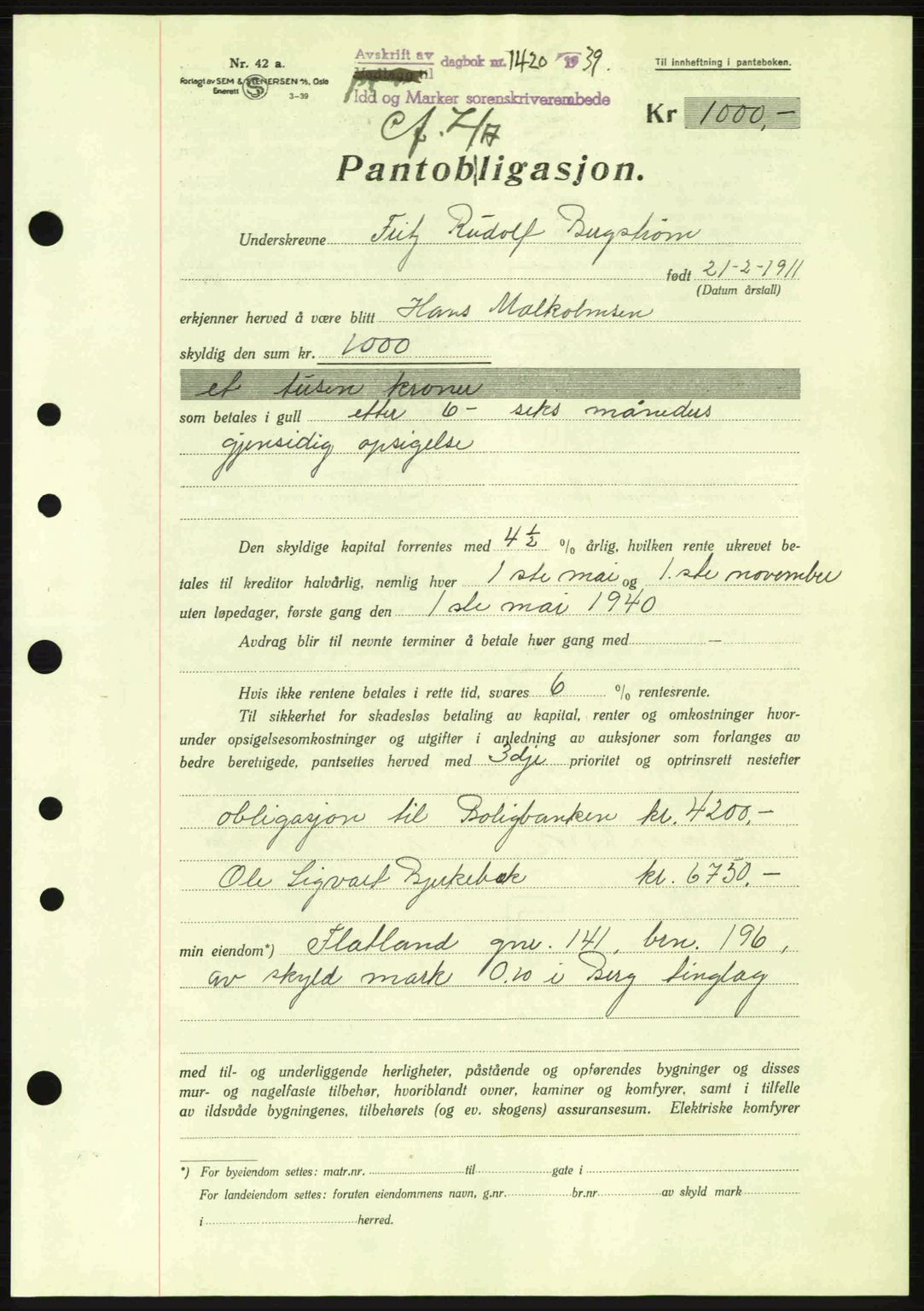 Idd og Marker sorenskriveri, AV/SAO-A-10283/G/Gb/Gbc/L0002: Mortgage book no. B4-9a, 1939-1945, Diary no: : 1420/1939