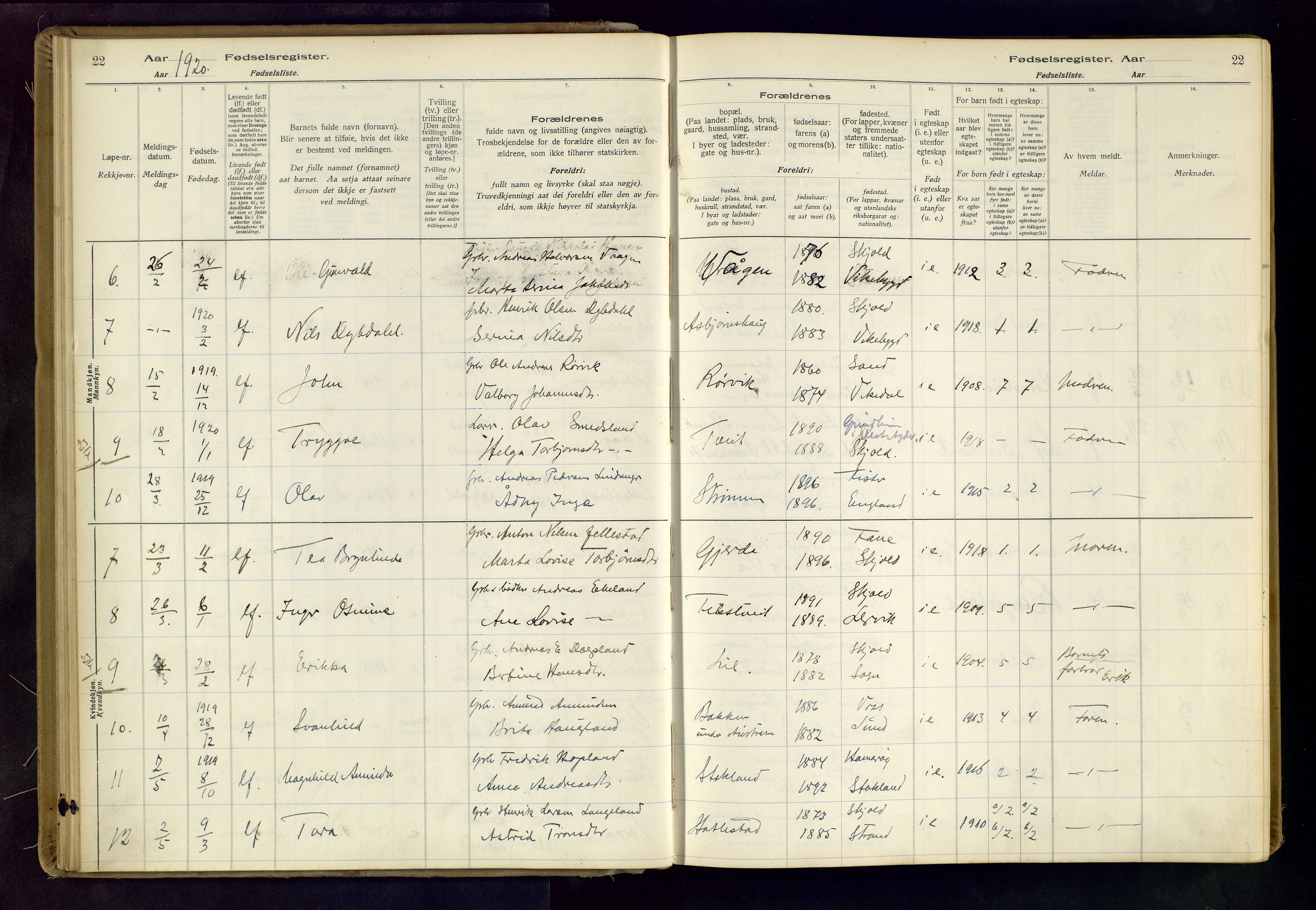 Skjold sokneprestkontor, AV/SAST-A-101847/I/Id/L0001: Birth register no. 1, 1917-1951, p. 22