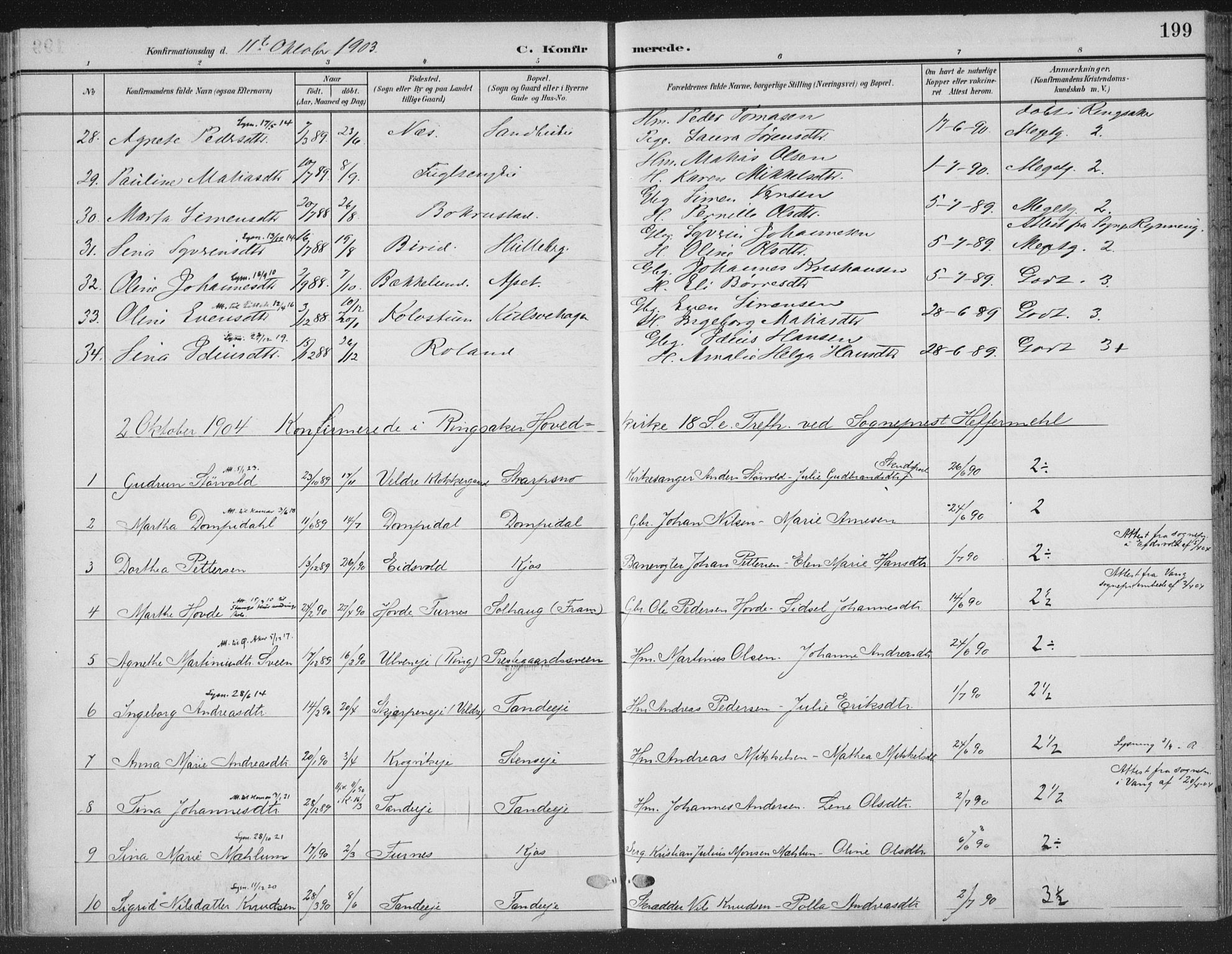 Ringsaker prestekontor, SAH/PREST-014/K/Ka/L0018: Parish register (official) no. 18, 1903-1912, p. 199