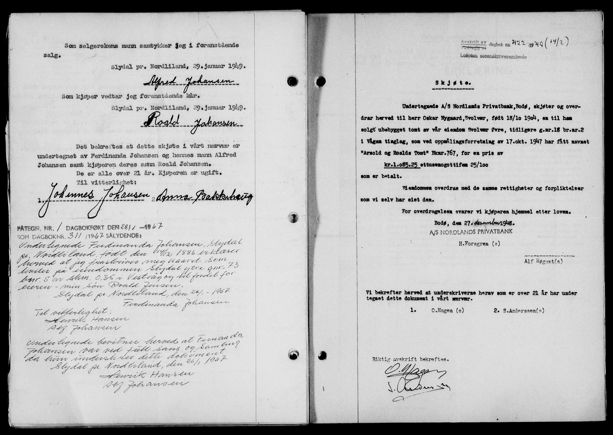 Lofoten sorenskriveri, SAT/A-0017/1/2/2C/L0020a: Mortgage book no. 20a, 1948-1949, Diary no: : 422/1949