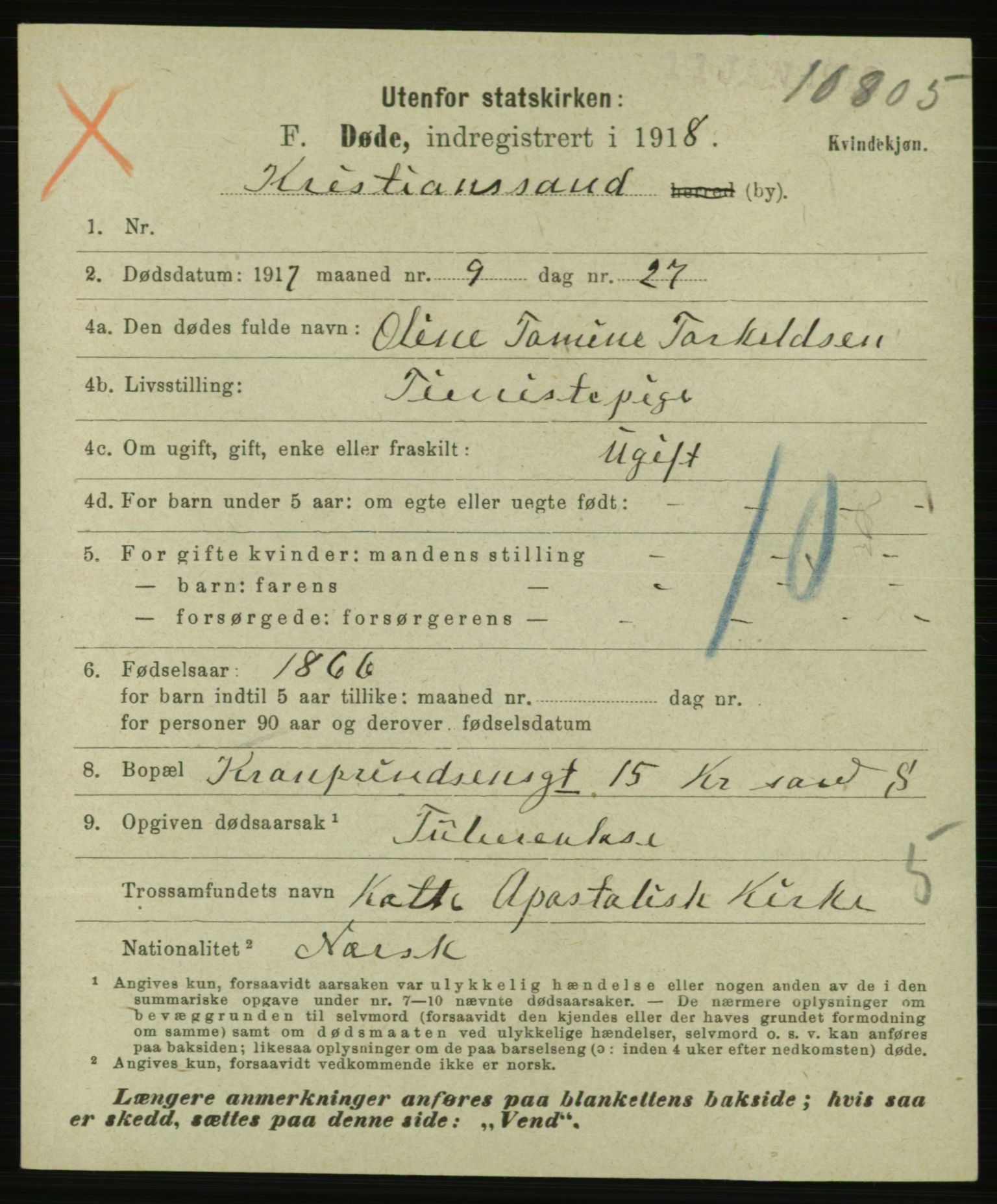 Statistisk sentralbyrå, Sosiodemografiske emner, Befolkning, AV/RA-S-2228/E/L0015: Fødte, gifte, døde dissentere., 1917, p. 3601