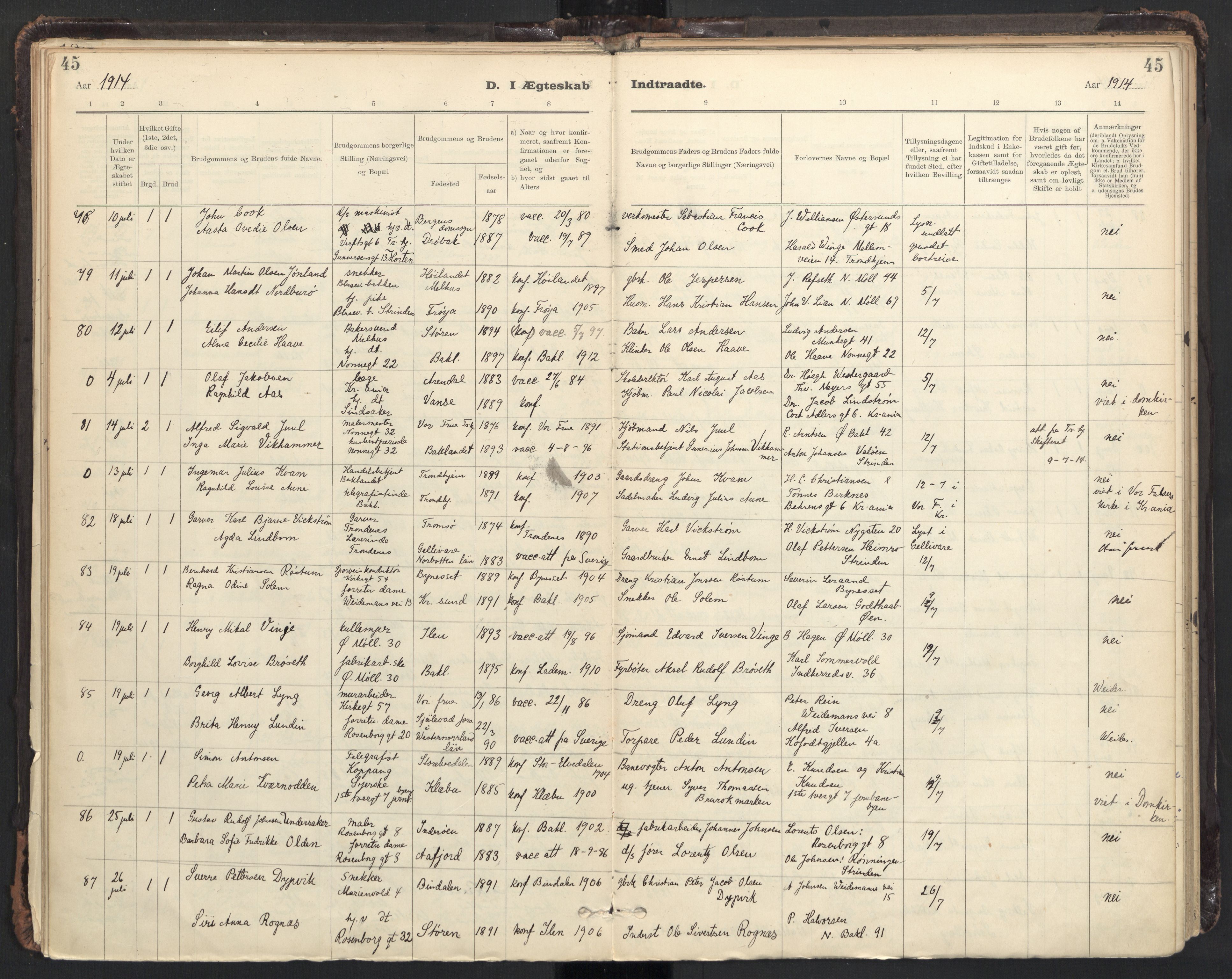 Ministerialprotokoller, klokkerbøker og fødselsregistre - Sør-Trøndelag, AV/SAT-A-1456/604/L0204: Parish register (official) no. 604A24, 1911-1920, p. 45