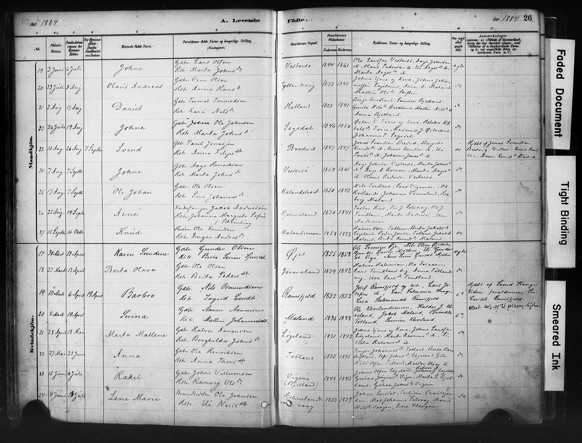 Hjelmeland sokneprestkontor, AV/SAST-A-101843/01/IV/L0014: Parish register (official) no. A 14, 1879-1900, p. 26