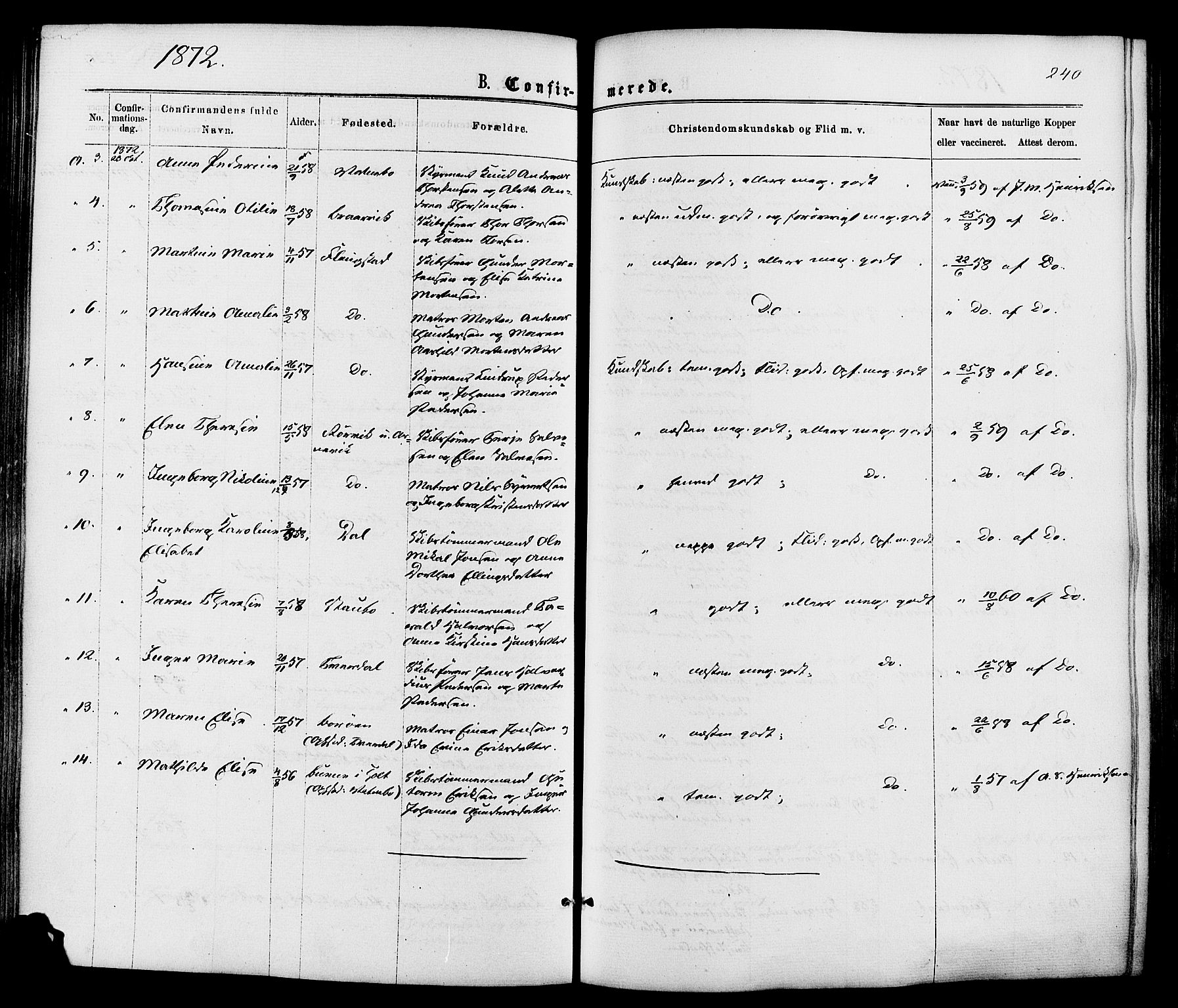 Dypvåg sokneprestkontor, AV/SAK-1111-0007/F/Fa/Faa/L0007: Parish register (official) no. A 7/ 1, 1872-1884, p. 240