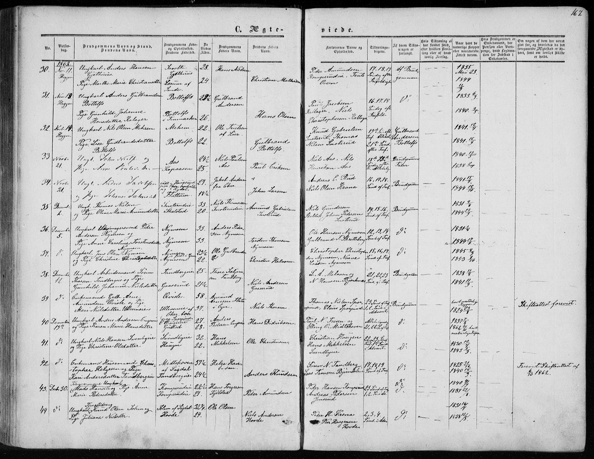 Modum kirkebøker, SAKO/A-234/F/Fa/L0009: Parish register (official) no. 9, 1860-1864, p. 167