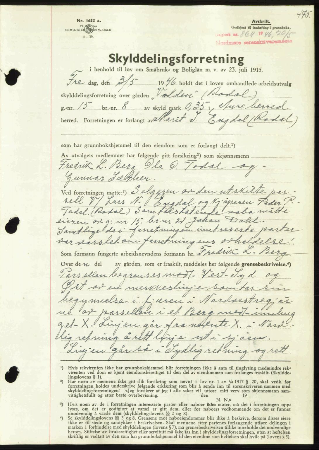 Nordmøre sorenskriveri, AV/SAT-A-4132/1/2/2Ca: Mortgage book no. A101, 1946-1946, Diary no: : 864/1946