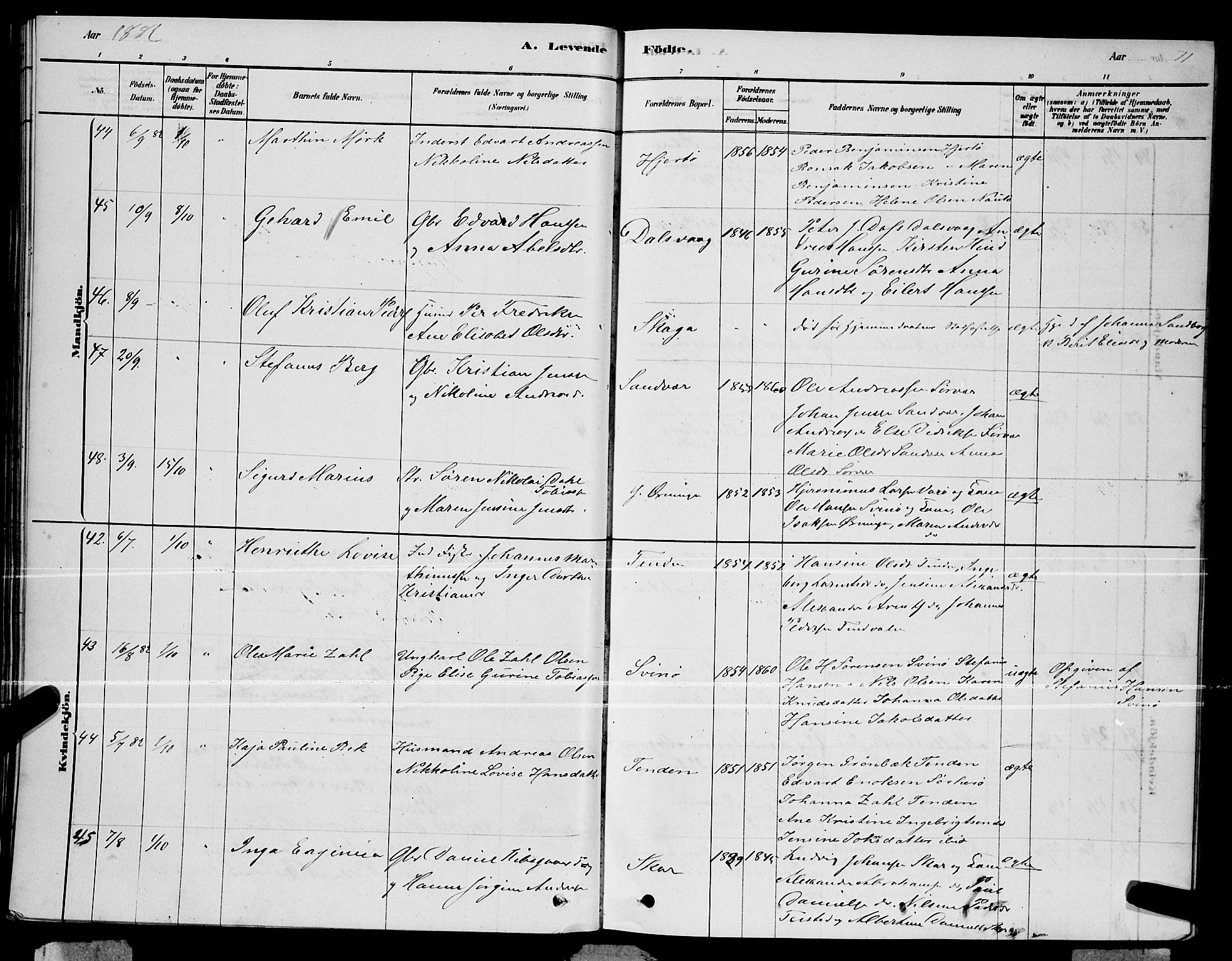 Ministerialprotokoller, klokkerbøker og fødselsregistre - Nordland, AV/SAT-A-1459/834/L0513: Parish register (copy) no. 834C04, 1877-1892, p. 71