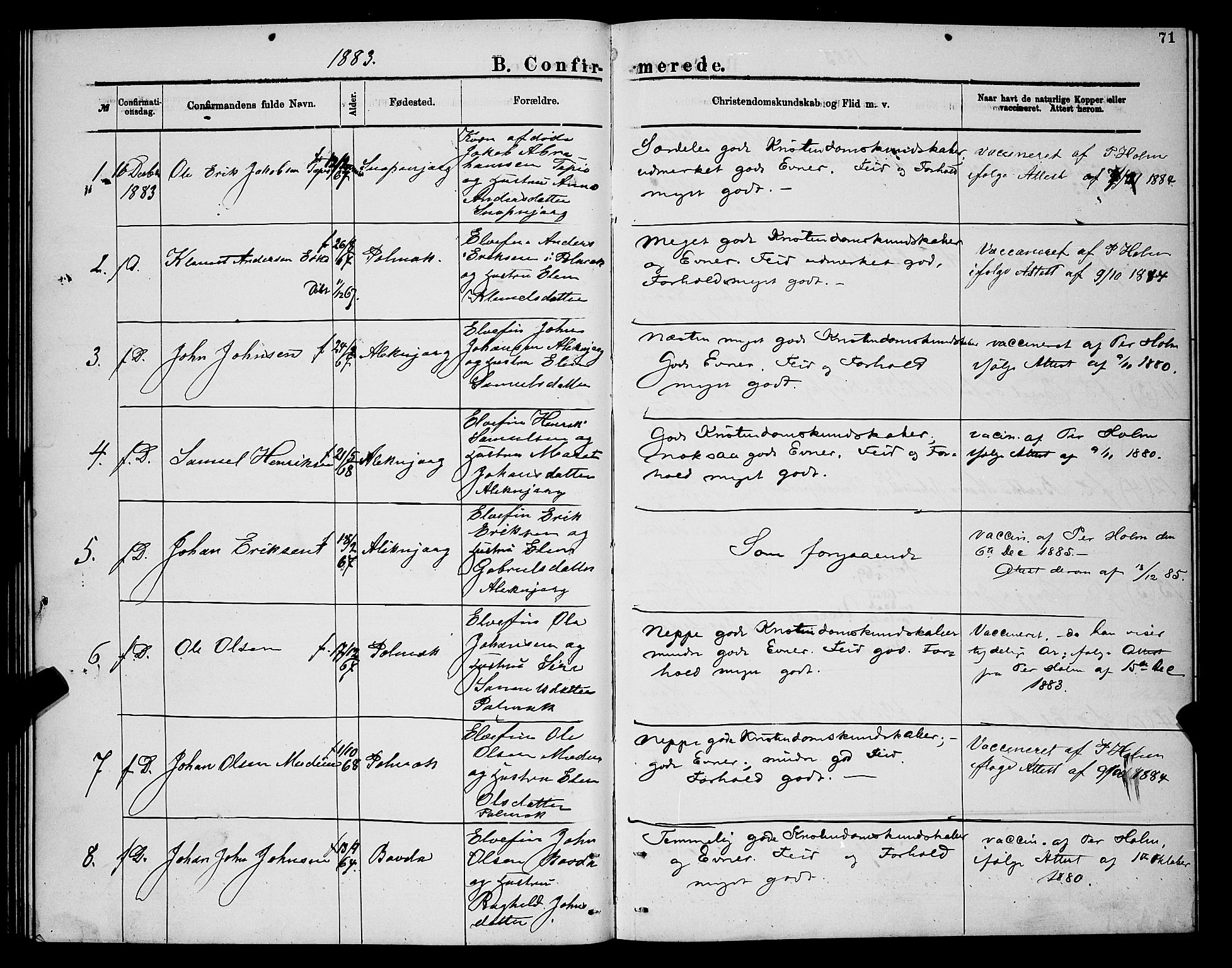 Nesseby sokneprestkontor, SATØ/S-1330/H/Hb/L0007klokker: Parish register (copy) no. 7, 1877-1884, p. 71