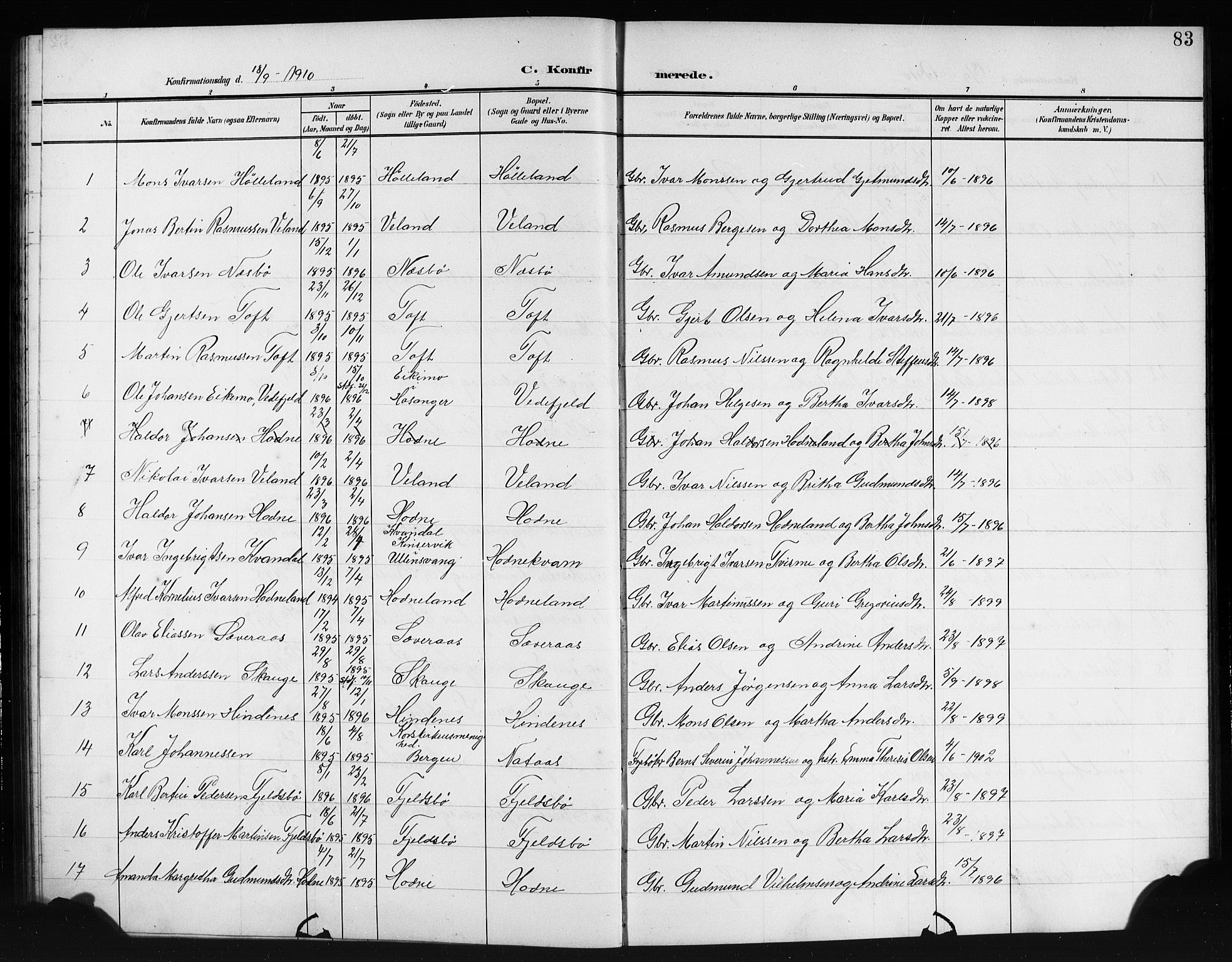 Lindås Sokneprestembete, SAB/A-76701/H/Hab: Parish register (copy) no. E 4, 1906-1921, p. 83