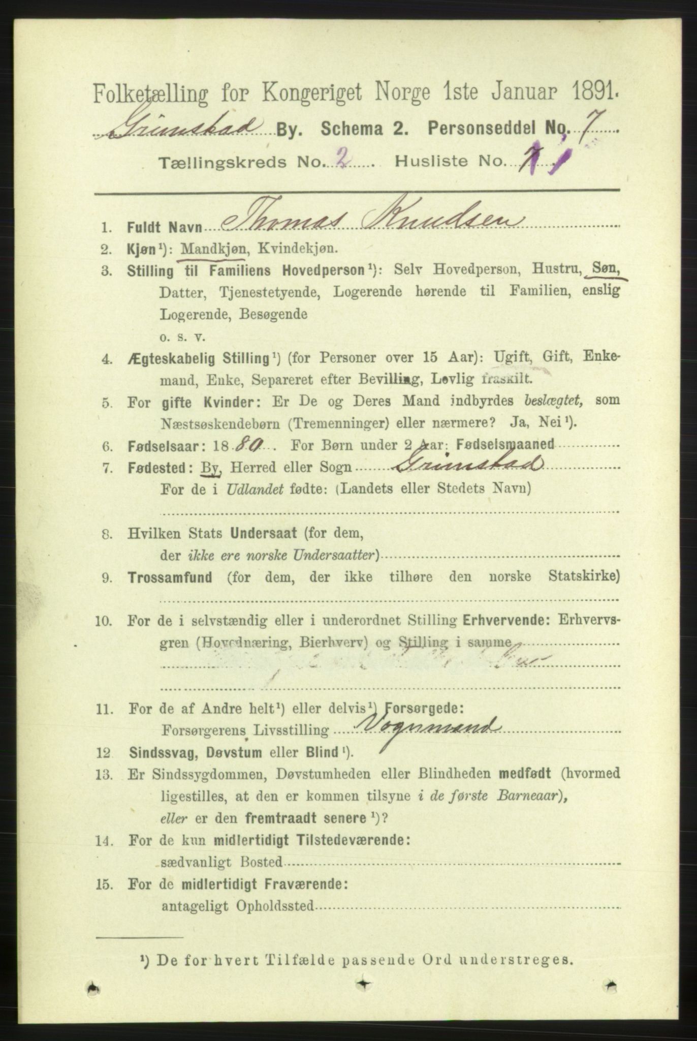 RA, 1891 census for 0904 Grimstad, 1891, p. 1500