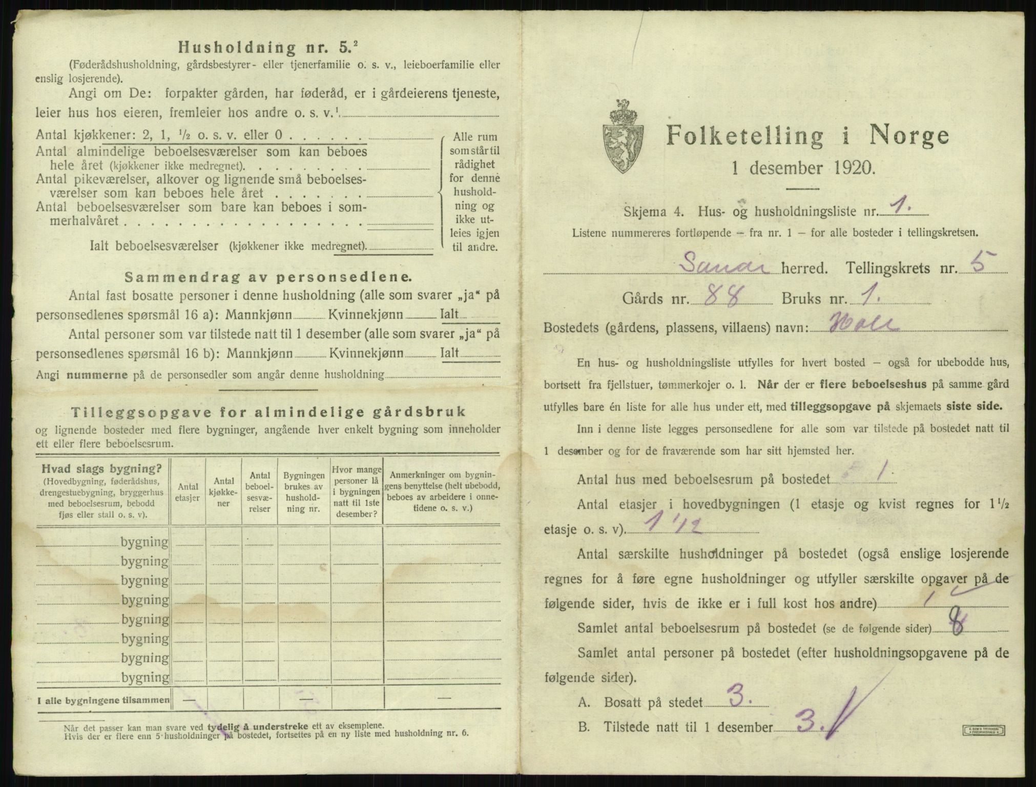 SAKO, 1920 census for Sande, 1920, p. 855