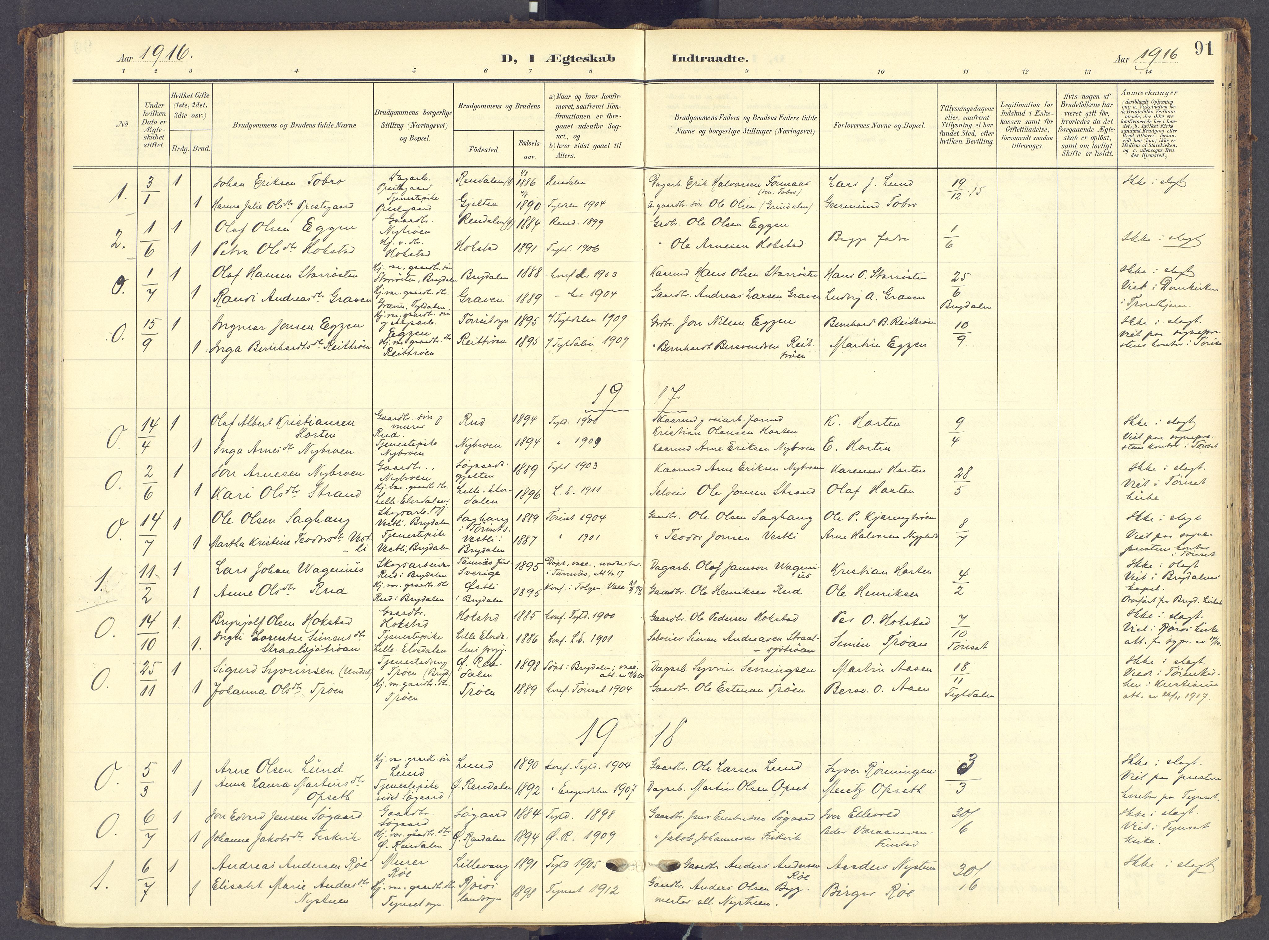 Tynset prestekontor, SAH/PREST-058/H/Ha/Haa/L0028: Parish register (official) no. 28, 1902-1929, p. 91