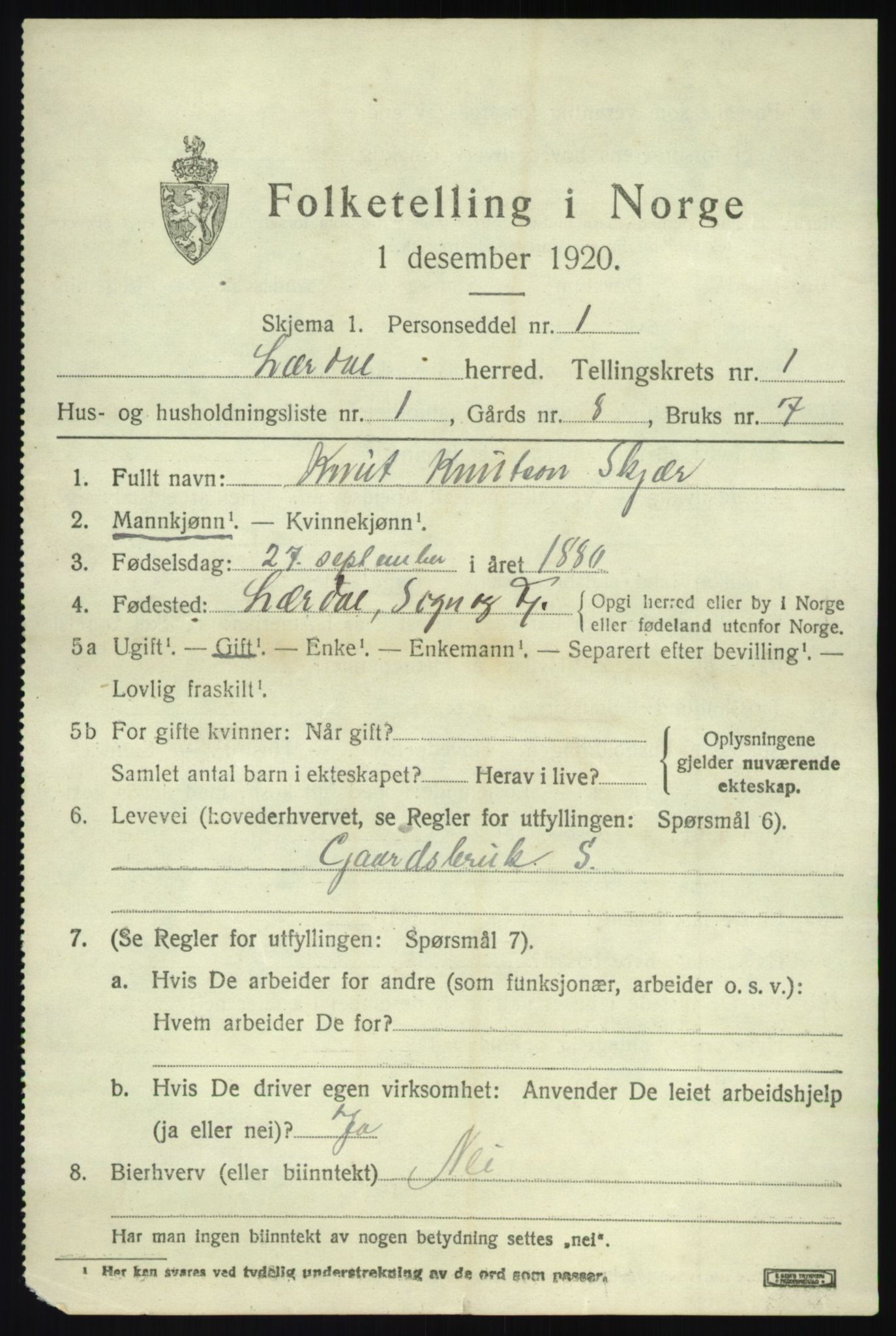 SAB, 1920 census for Lærdal, 1920, p. 800