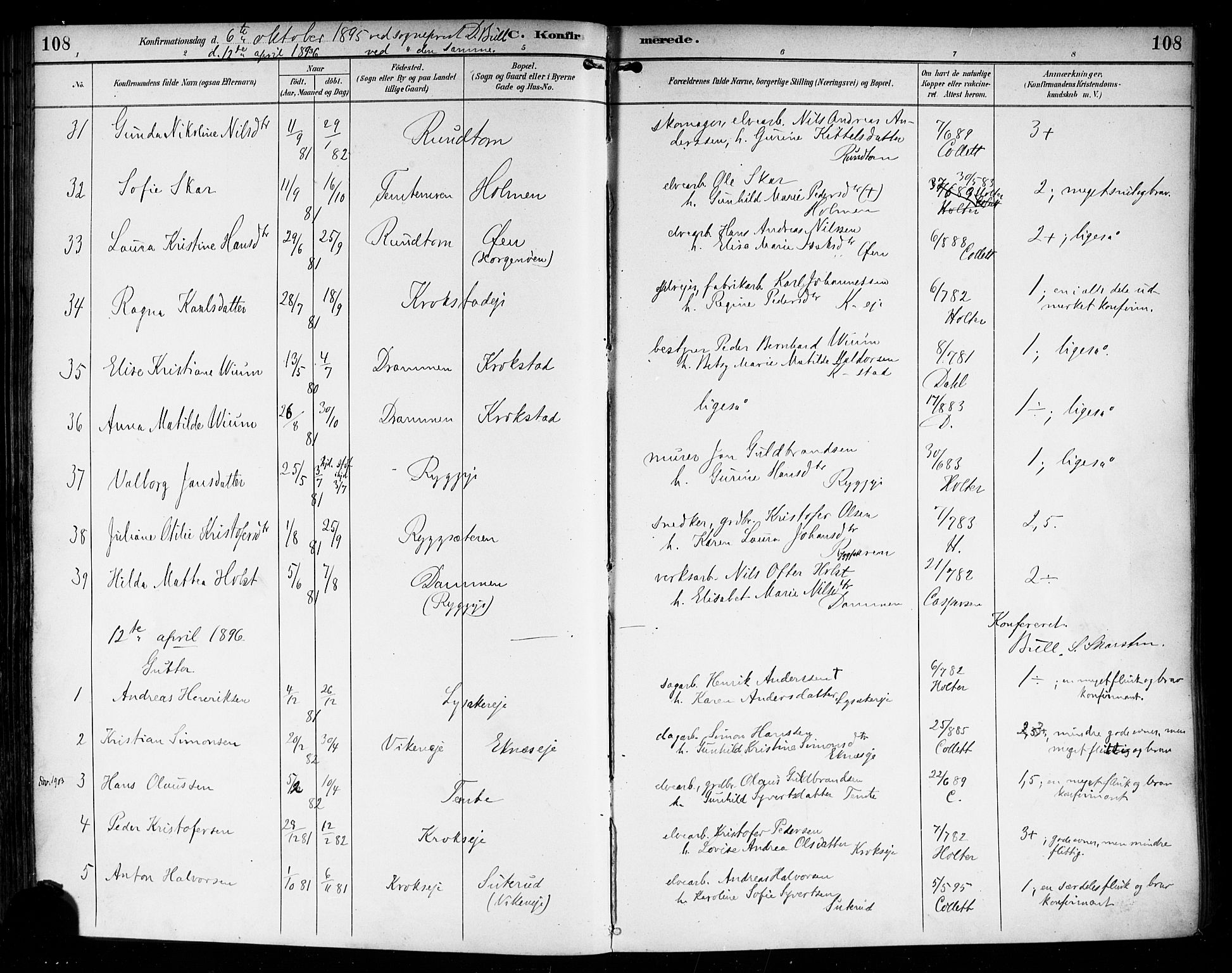 Nedre Eiker kirkebøker, AV/SAKO-A-612/F/Fa/L0004: Parish register (official) no. 4, 1893-1898, p. 108