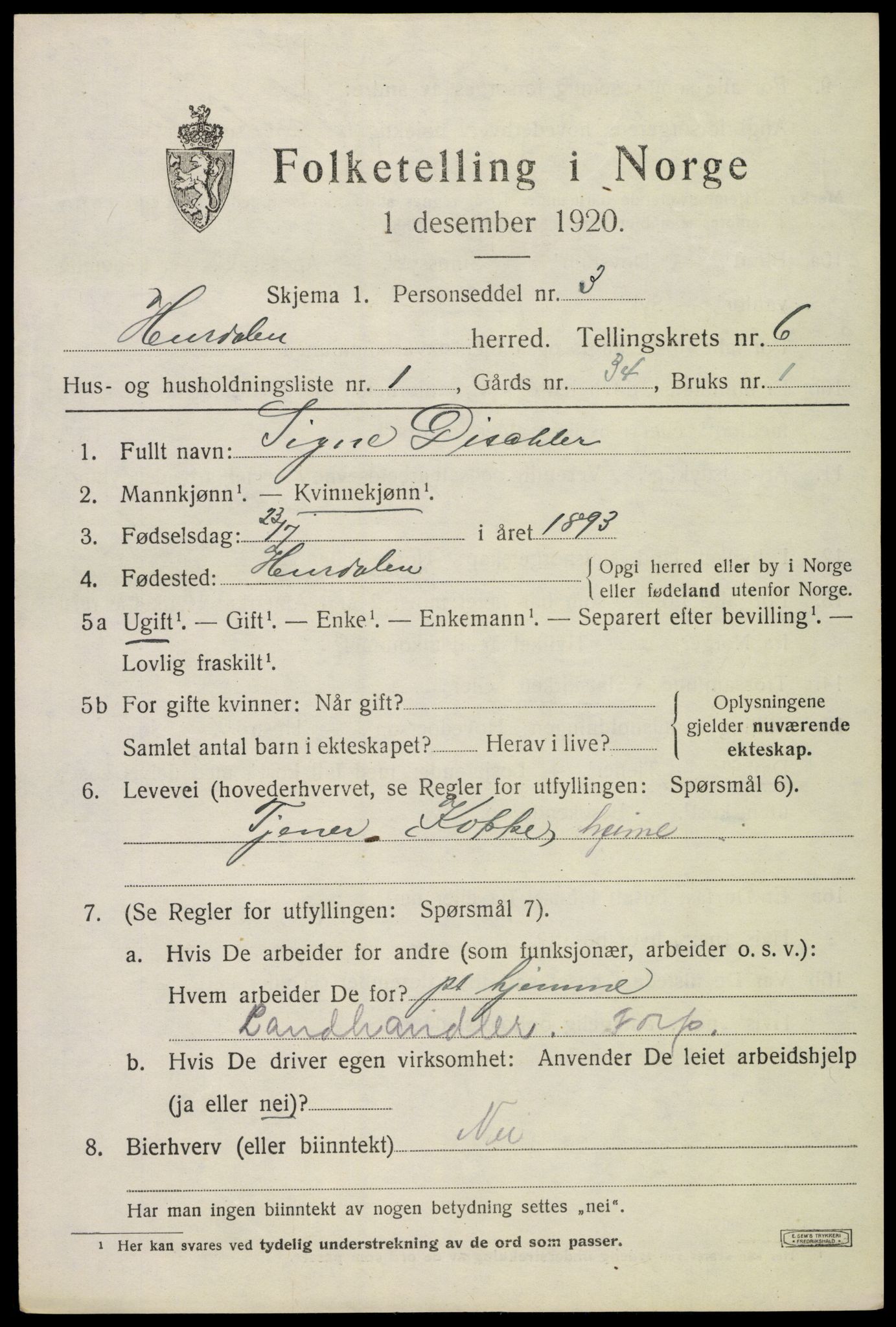 SAO, 1920 census for Hurdal, 1920, p. 3622