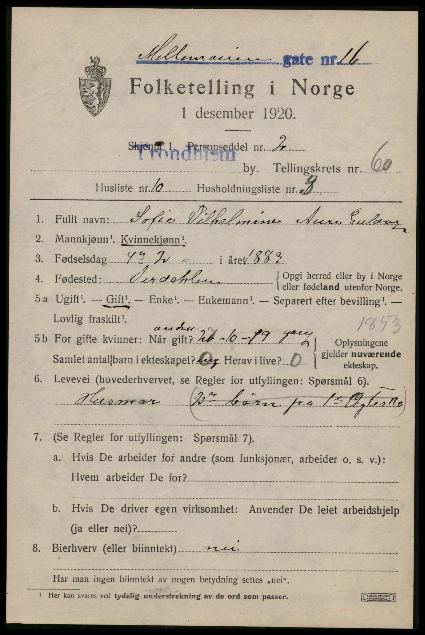 SAT, 1920 census for Trondheim, 1920, p. 121852