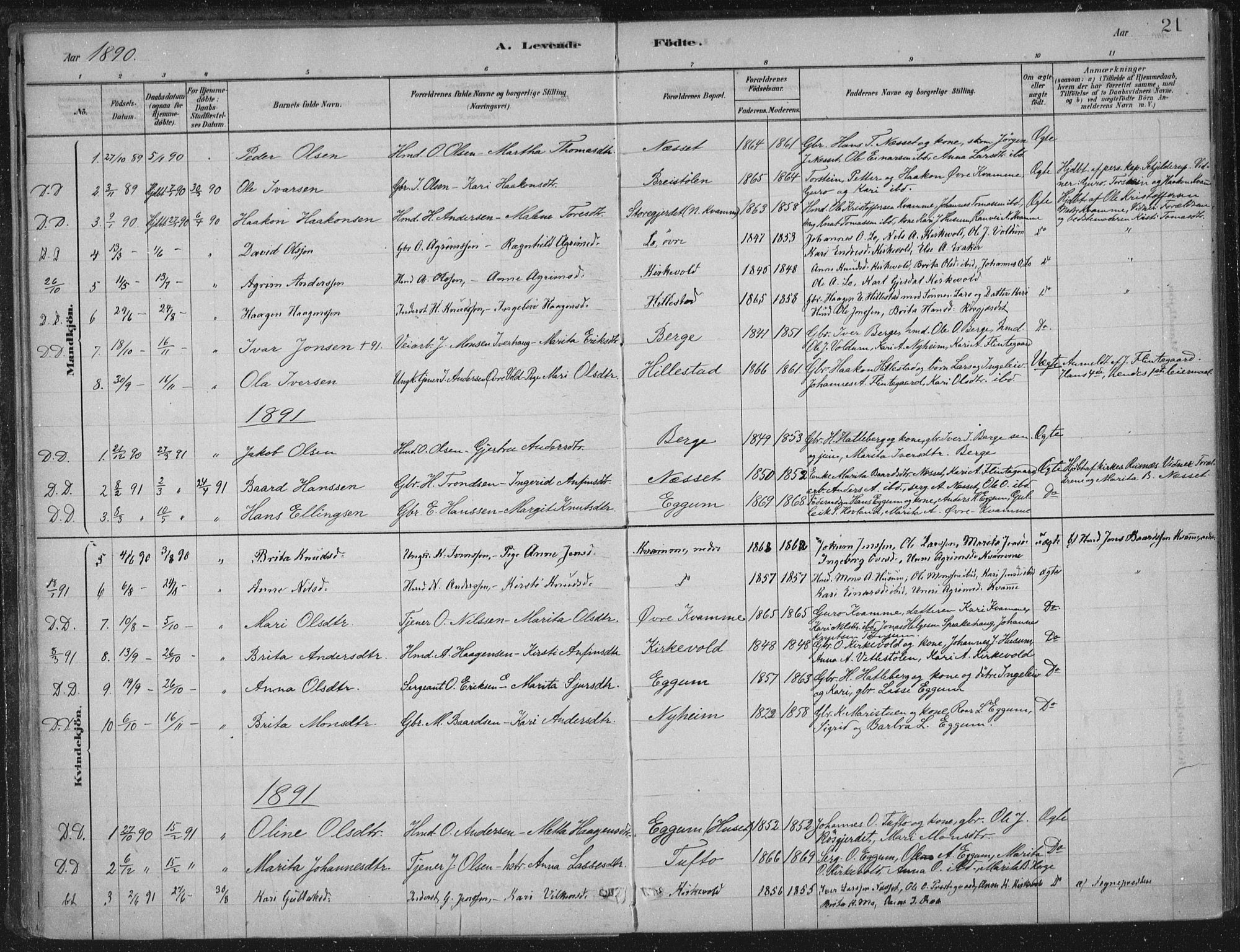 Lærdal sokneprestembete, SAB/A-81201: Parish register (official) no. C  1, 1878-1911, p. 21