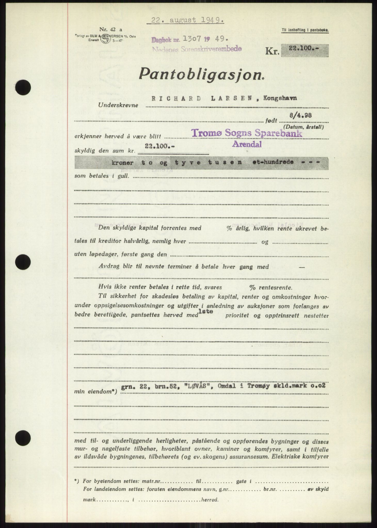 Nedenes sorenskriveri, SAK/1221-0006/G/Gb/Gbb/L0006: Mortgage book no. B6, 1948-1949, Diary no: : 1307/1949