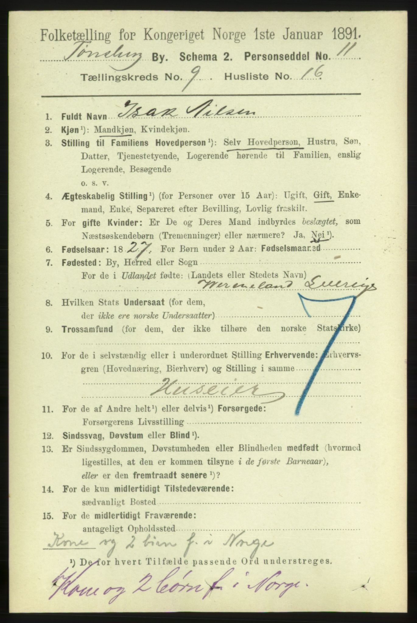 RA, 1891 census for 0705 Tønsberg, 1891, p. 3592