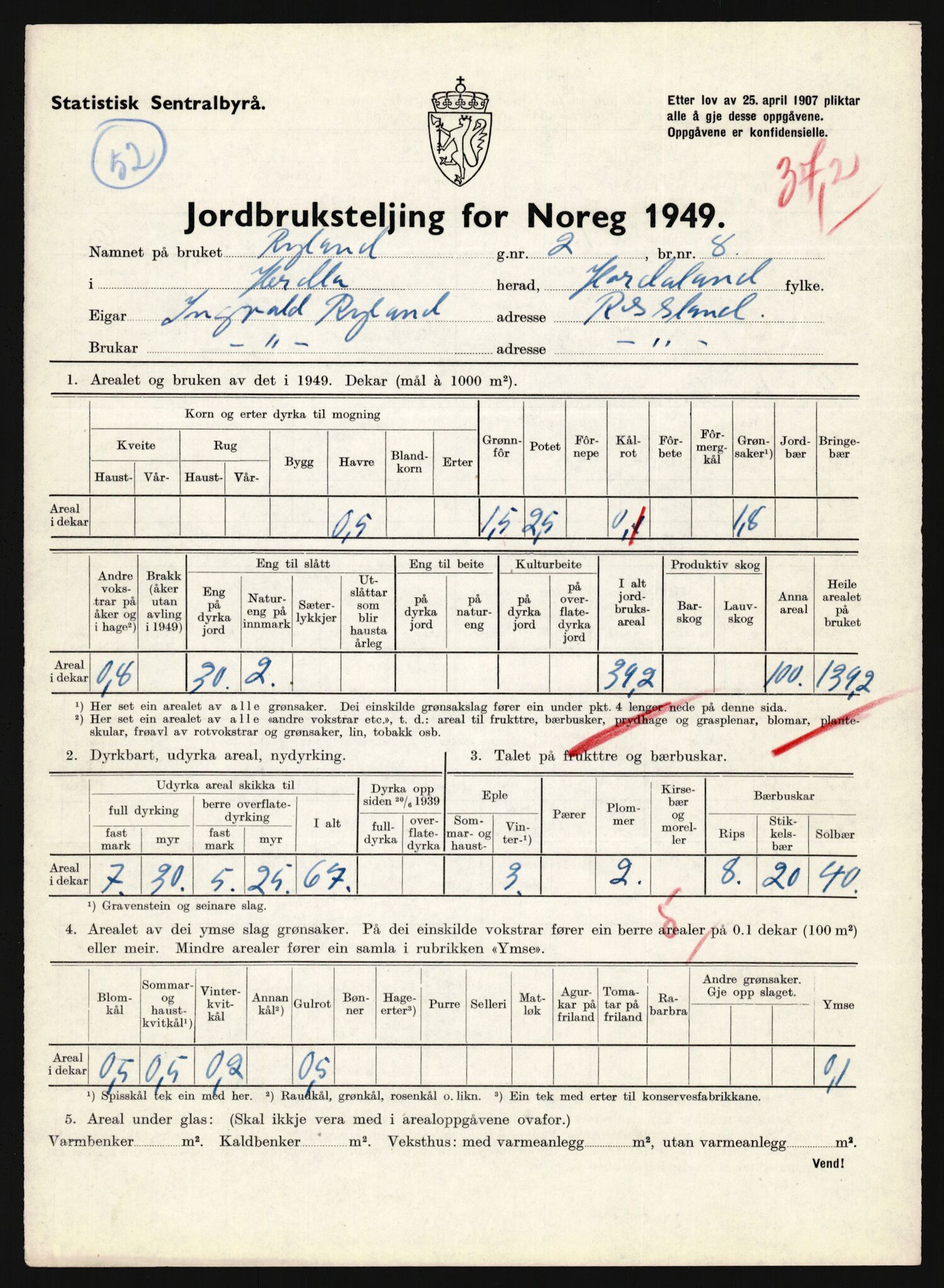 Statistisk sentralbyrå, Næringsøkonomiske emner, Jordbruk, skogbruk, jakt, fiske og fangst, AV/RA-S-2234/G/Gc/L0276: Hordaland: Herdla og Hjelme, 1949, p. 1076