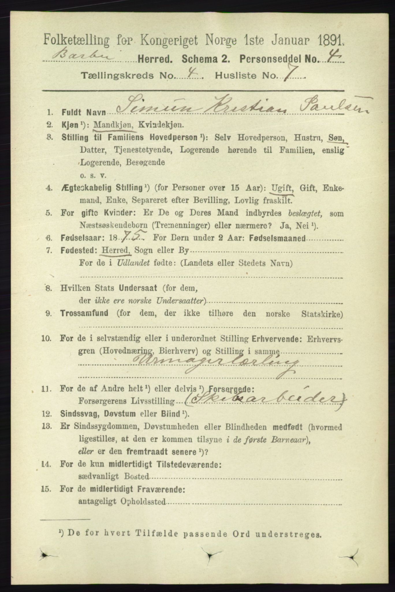 RA, 1891 census for 0990 Barbu, 1891, p. 2486