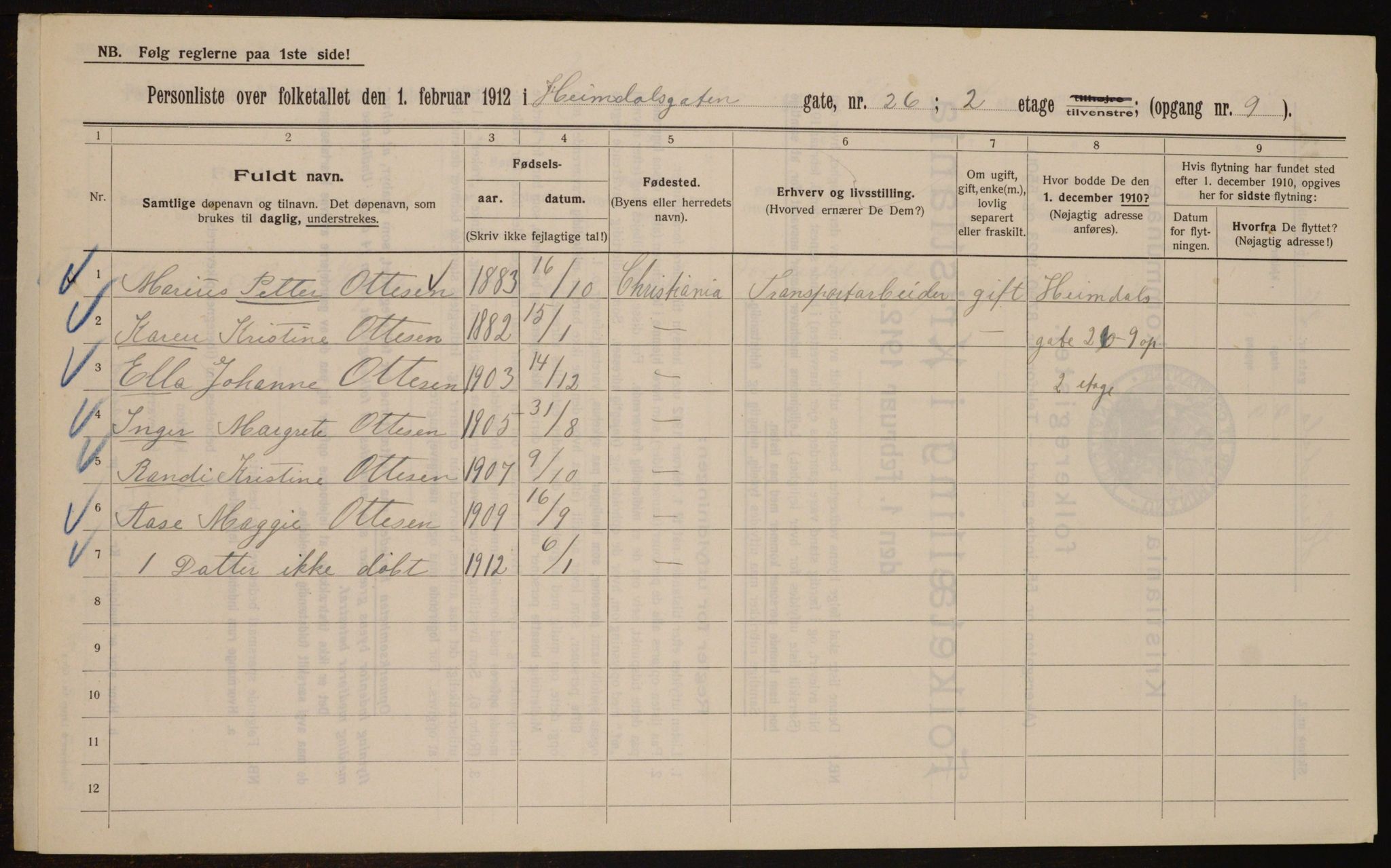 OBA, Municipal Census 1912 for Kristiania, 1912, p. 37279