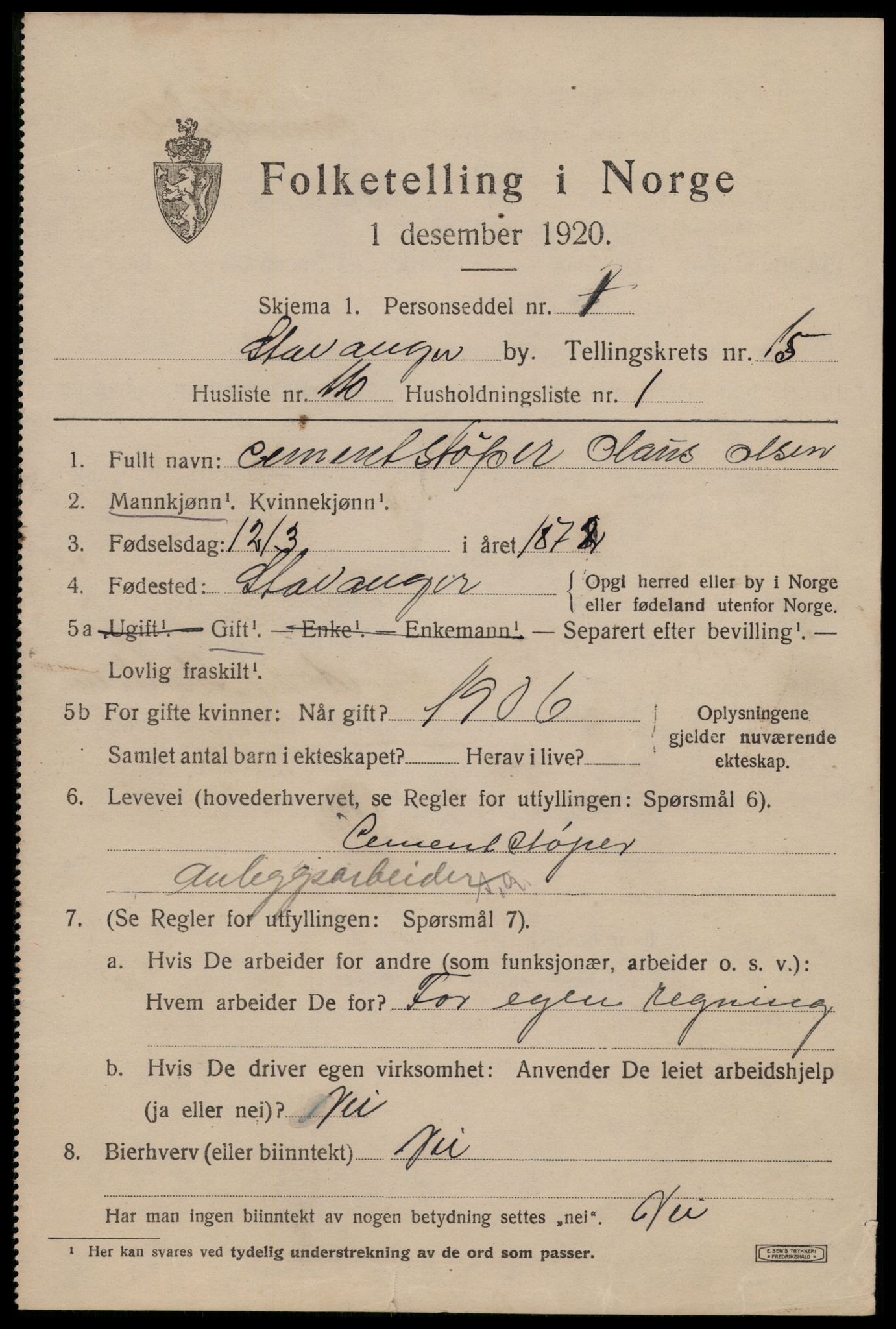 SAST, 1920 census for Stavanger, 1920, p. 63162