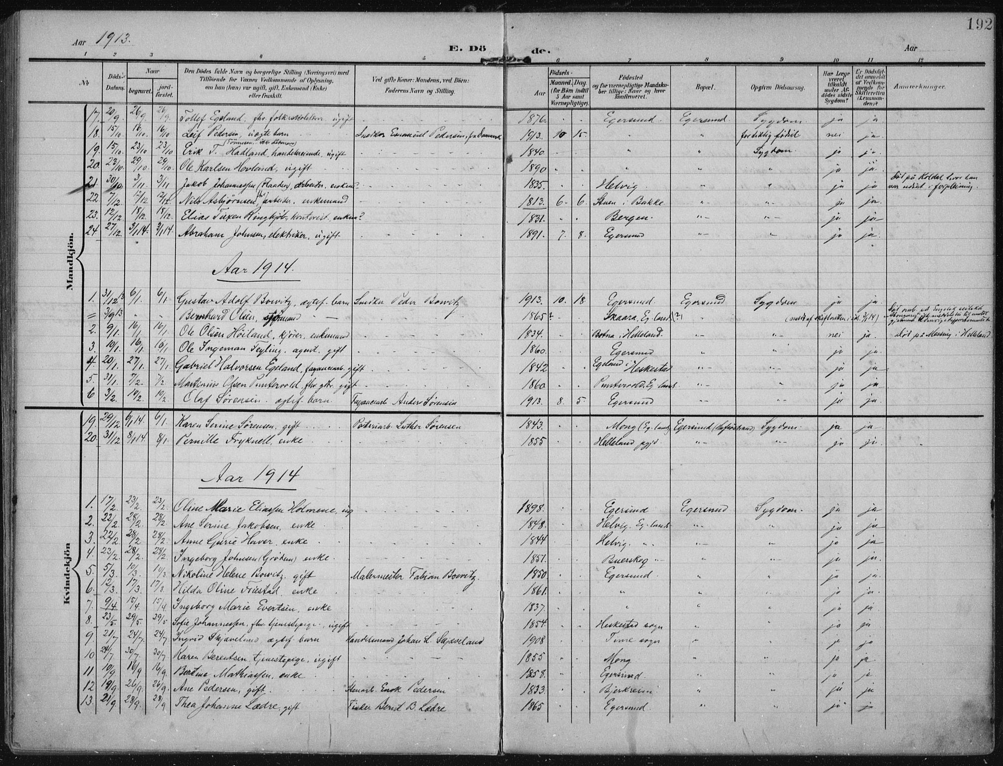 Eigersund sokneprestkontor, SAST/A-101807/S08/L0022: Parish register (official) no. A 21, 1905-1928, p. 192