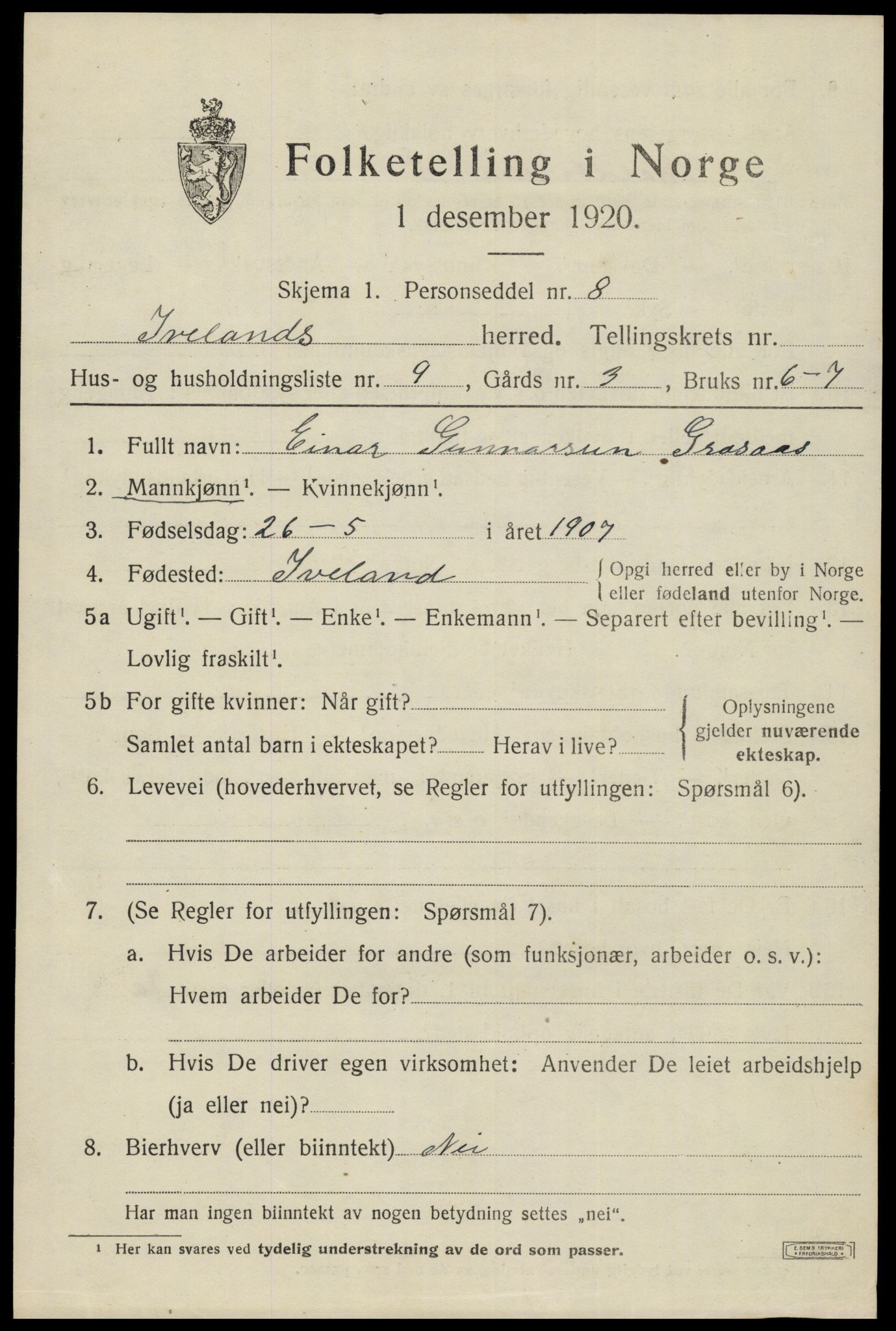 SAK, 1920 census for Iveland, 1920, p. 533