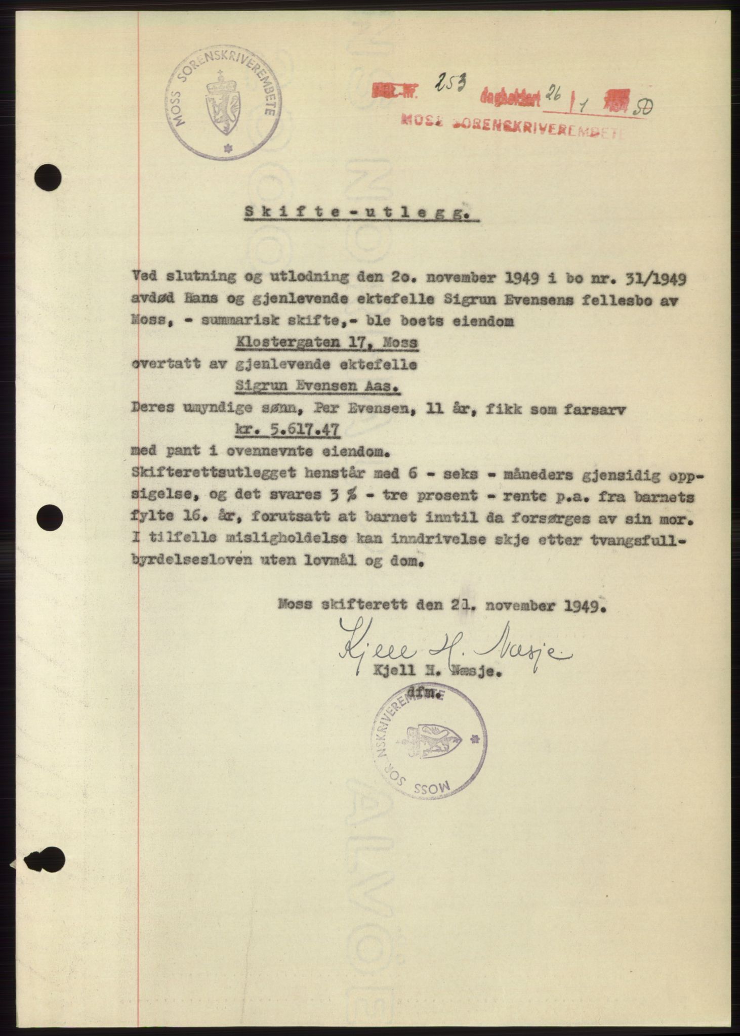 Moss sorenskriveri, SAO/A-10168: Mortgage book no. B23, 1949-1950, Diary no: : 253/1950