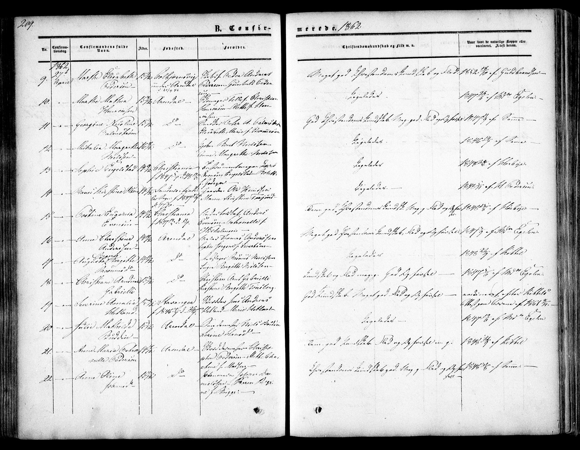 Arendal sokneprestkontor, Trefoldighet, SAK/1111-0040/F/Fa/L0006: Parish register (official) no. A 6, 1855-1868, p. 209