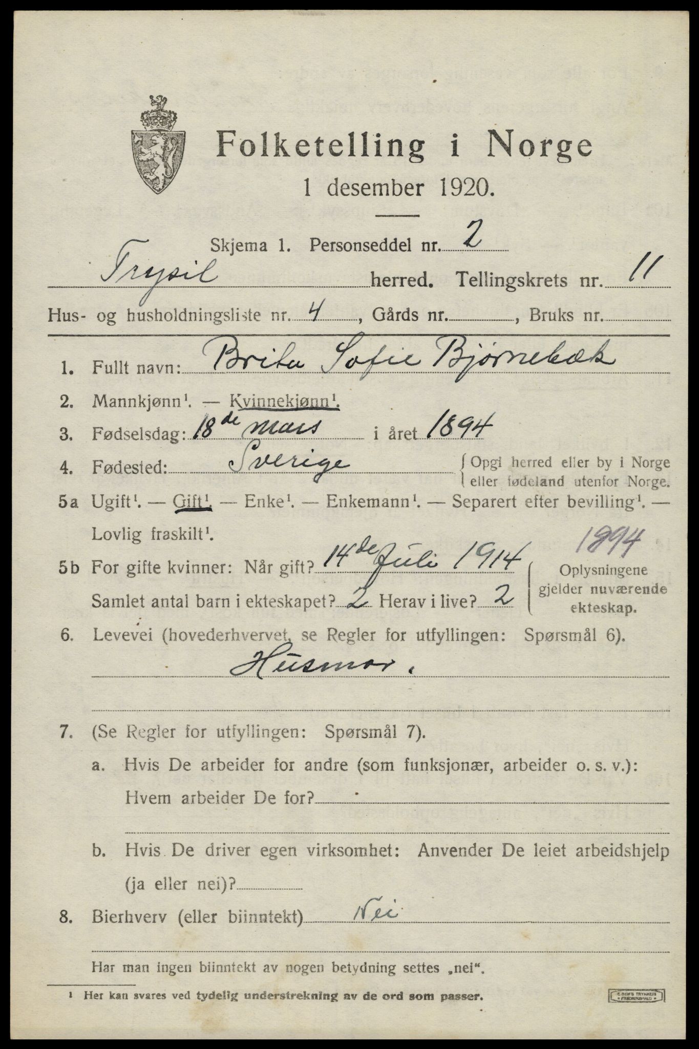 SAH, 1920 census for Trysil, 1920, p. 6997