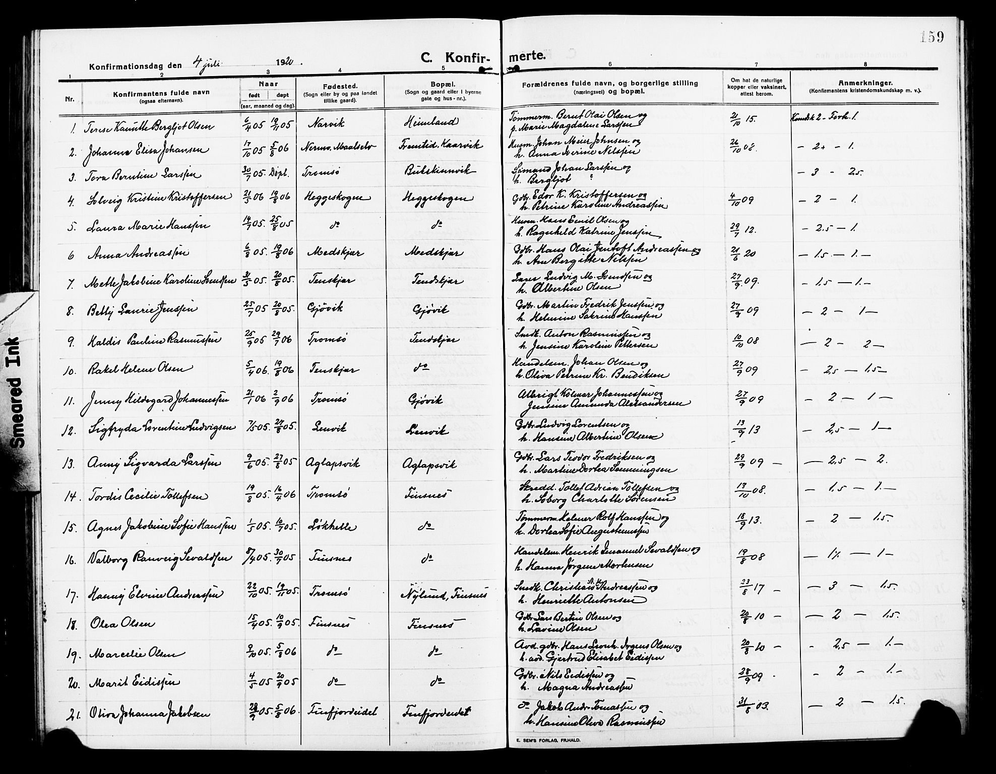 Lenvik sokneprestembete, SATØ/S-1310/H/Ha/Hab/L0009klokker: Parish register (copy) no. 9, 1912-1926, p. 159