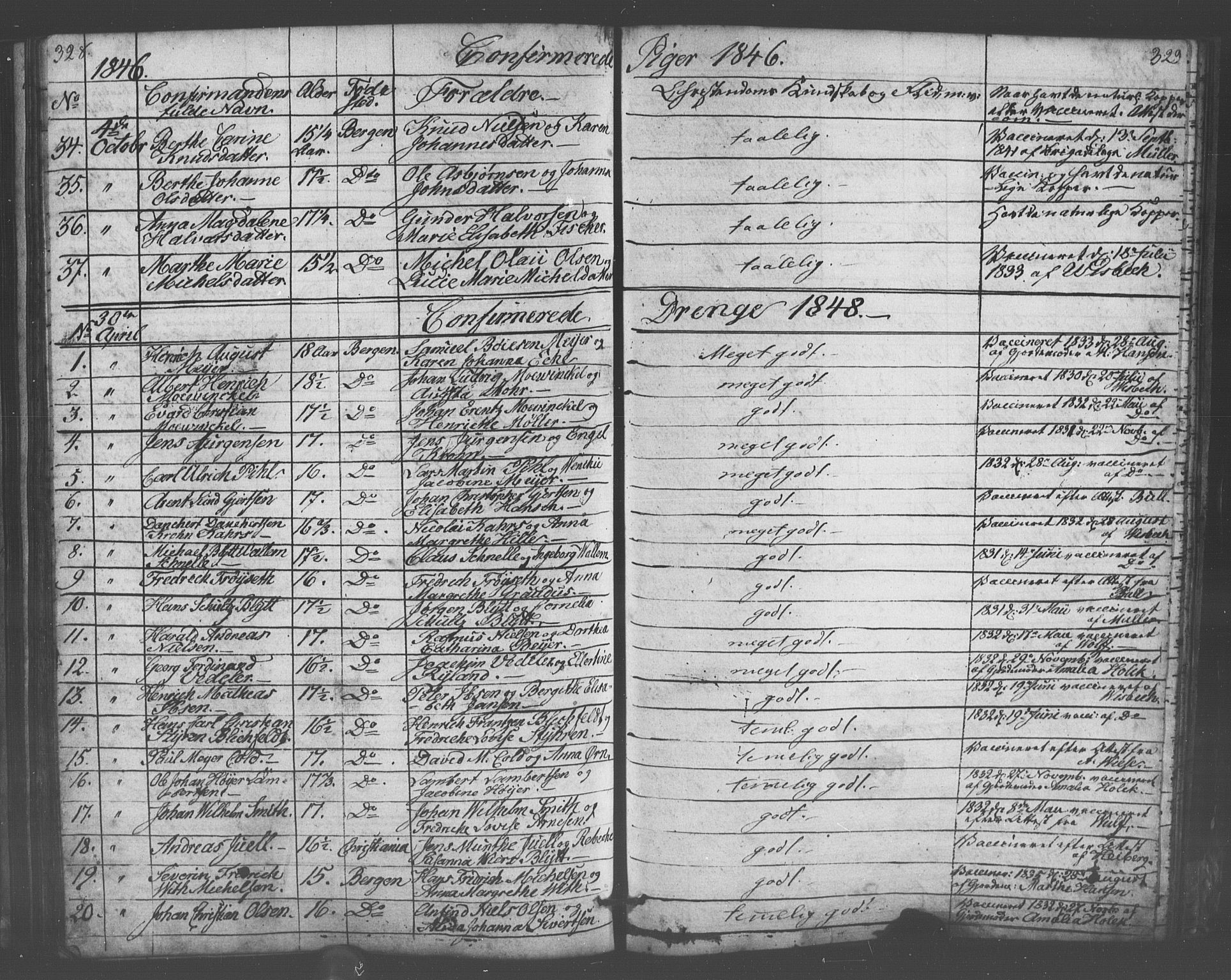 Domkirken sokneprestembete, SAB/A-74801/H/Haa/L0063: Curate's parish register no. A 1, 1821-1848, p. 328-329