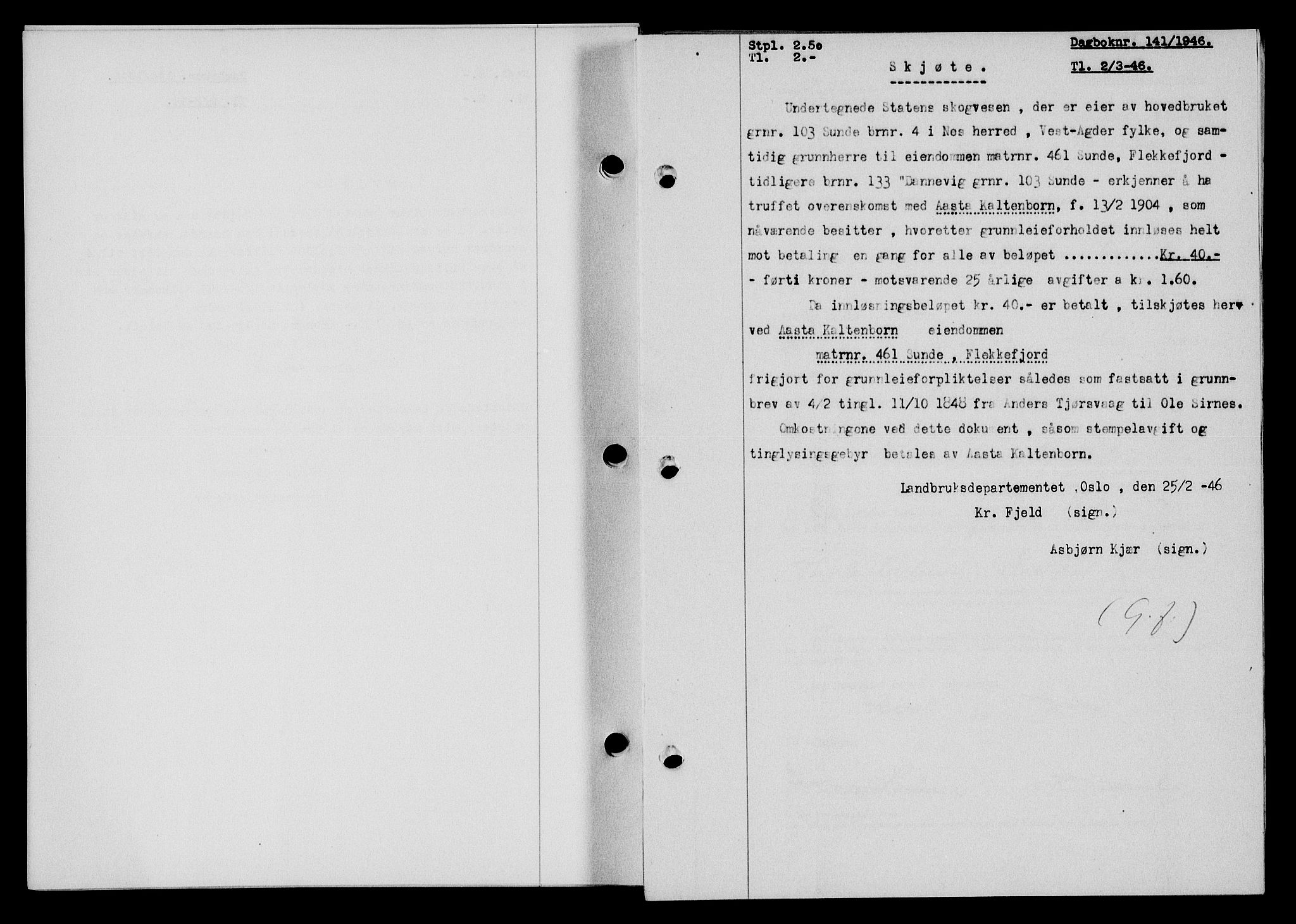 Flekkefjord sorenskriveri, AV/SAK-1221-0001/G/Gb/Gba/L0060: Mortgage book no. A-8, 1945-1946, Diary no: : 141/1946