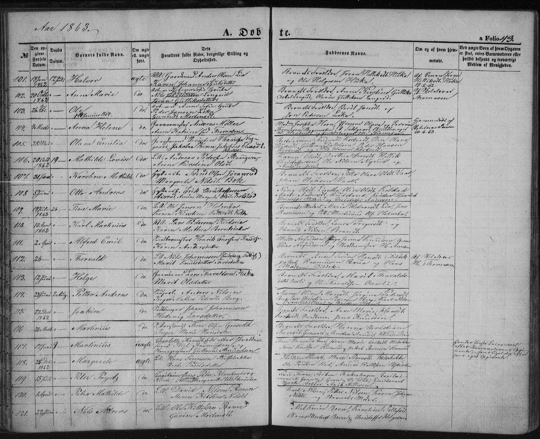 Kongsberg kirkebøker, SAKO/A-22/F/Fa/L0010: Parish register (official) no. I 10, 1859-1875, p. 43