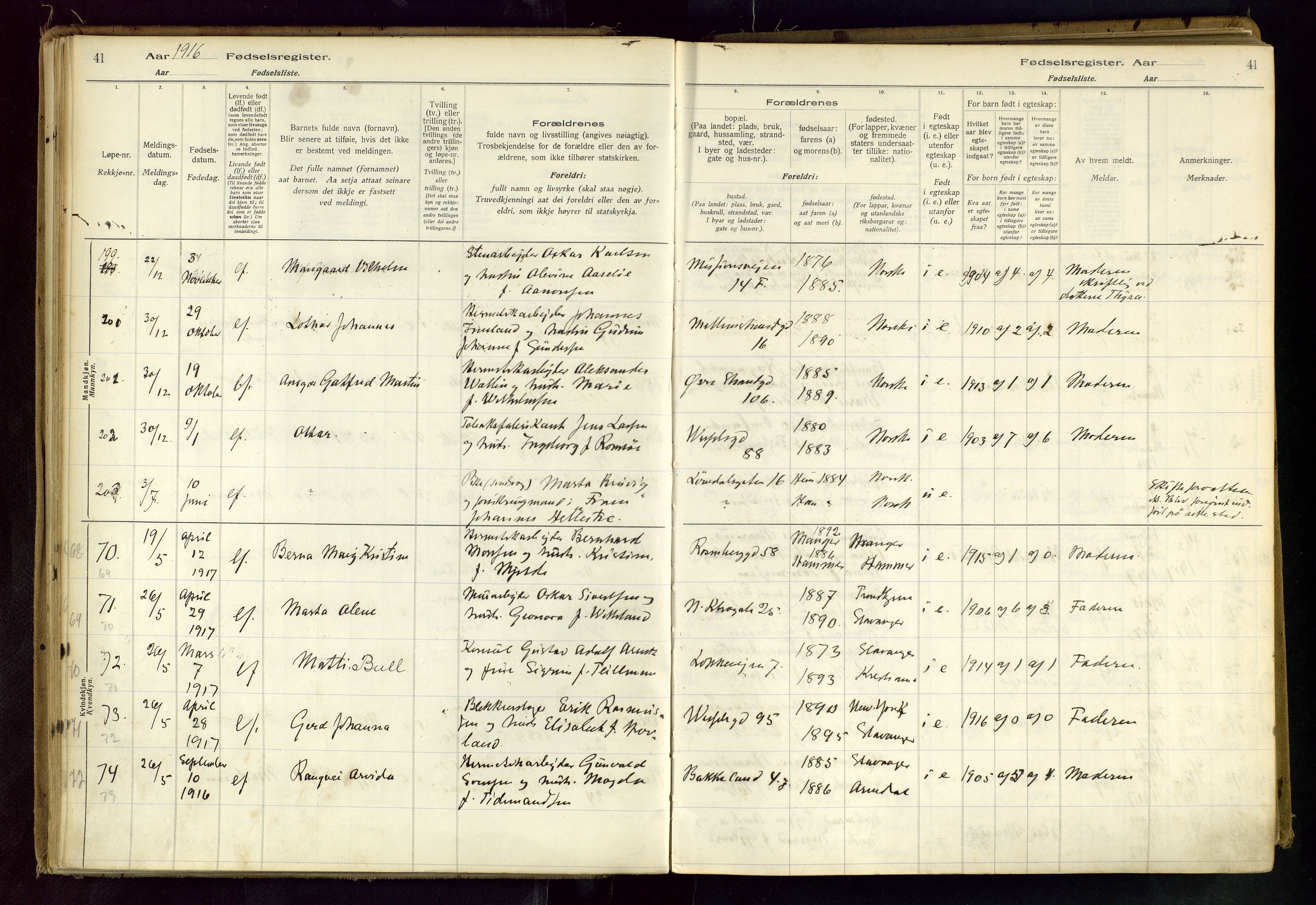 Domkirken sokneprestkontor, AV/SAST-A-101812/002/B/L0001: Birth register no. 1, 1916-1920, p. 41